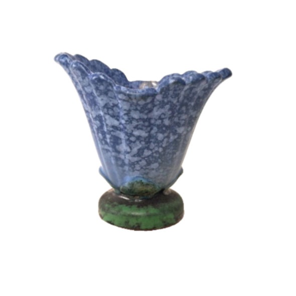 Vintage Art Pottery Tulip Vase Blue Mottled Glaze Pedestal Scalloped Ceramic