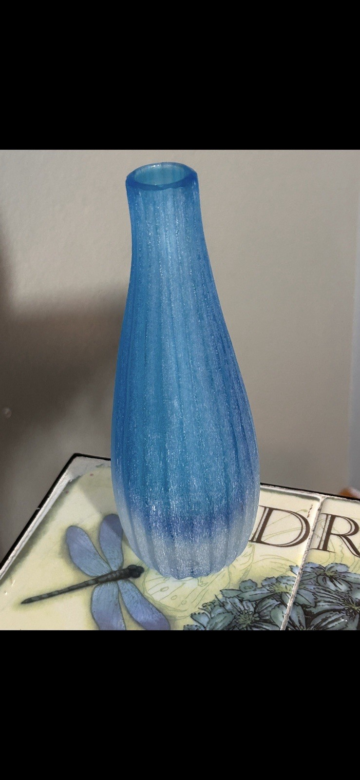 Vintage Blue Satin Art Glass Bud Vase Heavy Frosted Ribbed Lobed Form 6.75”