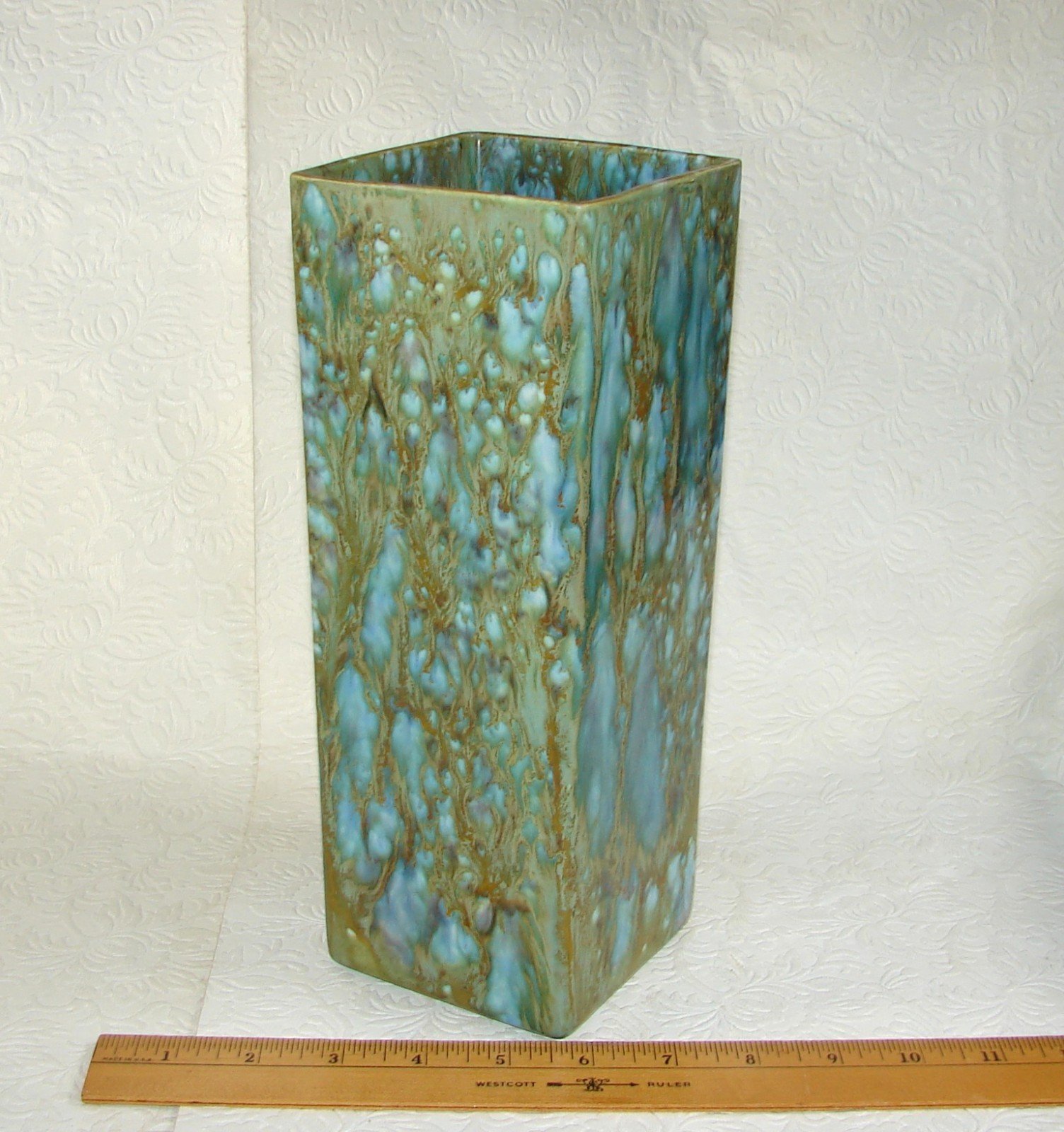 Vtg Monterey Jade Blue/Green Drip Glaze Square VASE, California Pottery MCM MJ3