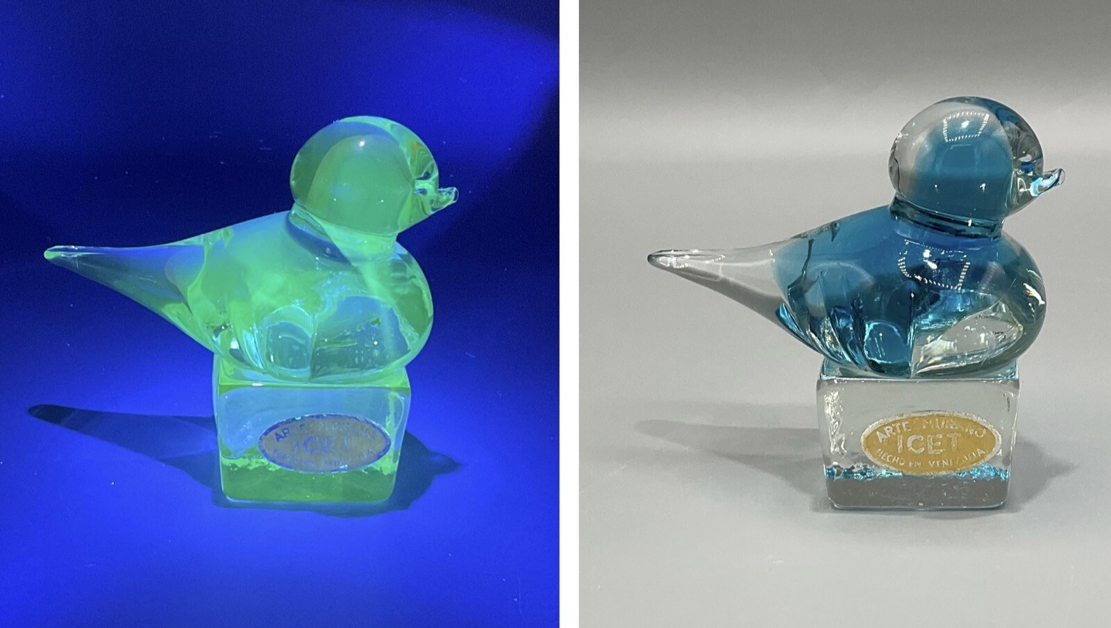 Vtg Blue/Clear Glass Bird on Cube ICET Arte Murano Uranium or Manganese UV Glow