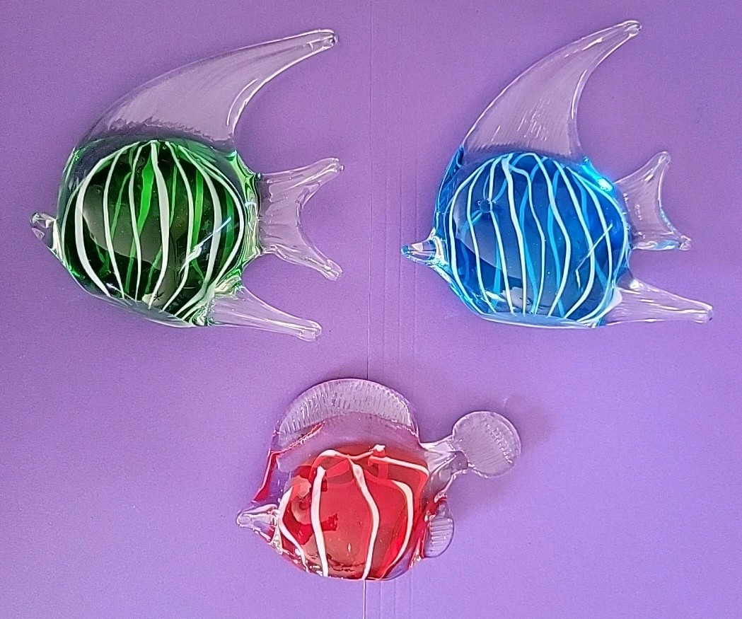 Lot of 3 Vintage Murano Style Art Glass Fish Figurines Blue Green Red READ
