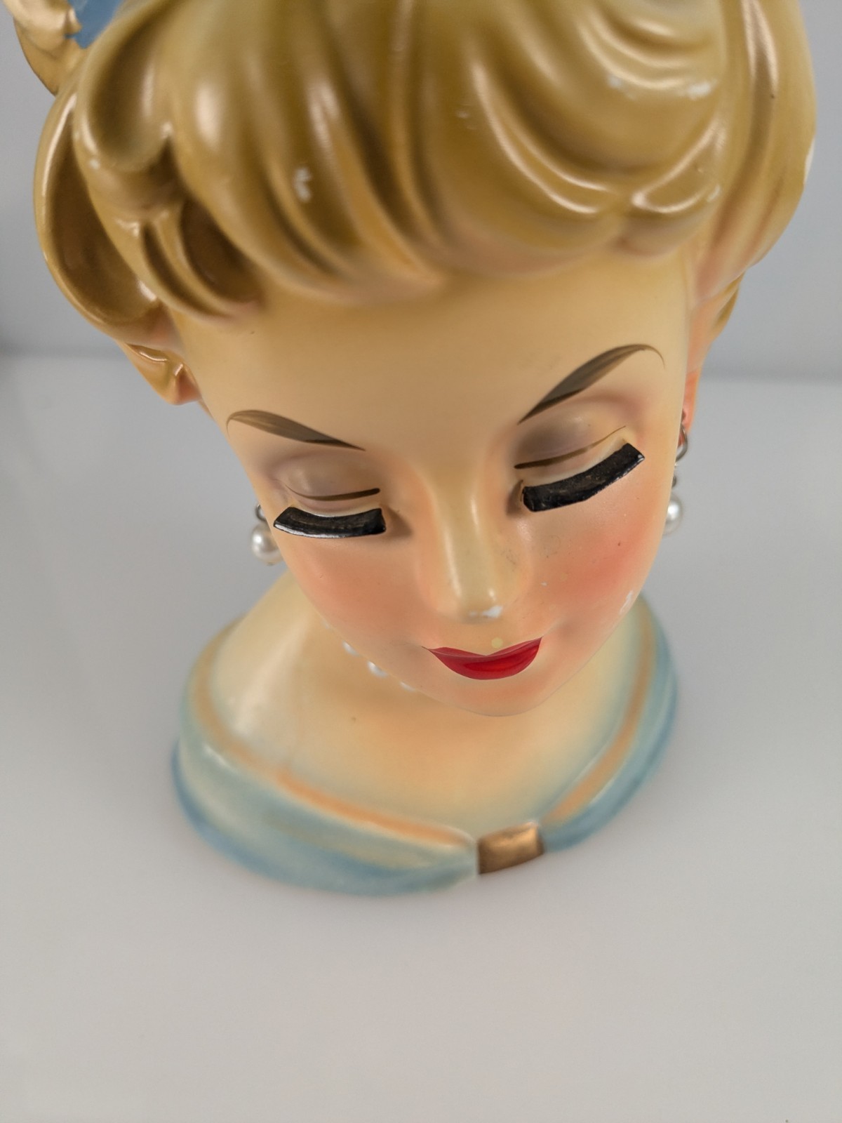 Vintage Lady Head Vase Glossy Cold Pink Cheek Blue Dress & Hair Original Jewelry
