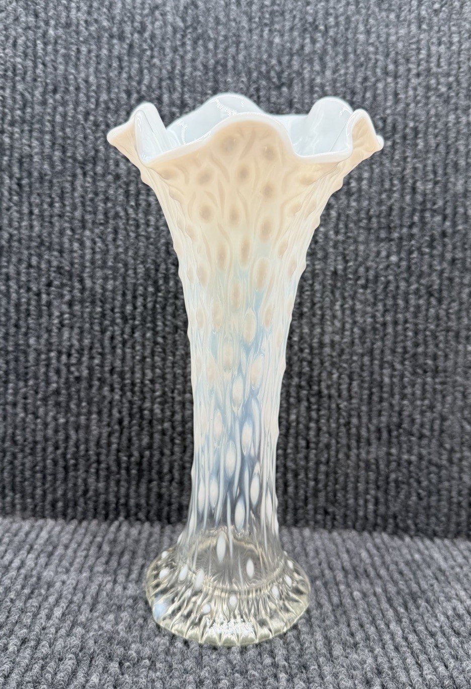 Vintage Northwood Tree Trunk Opalescent White Swung Glass Vase Ruffled Antique