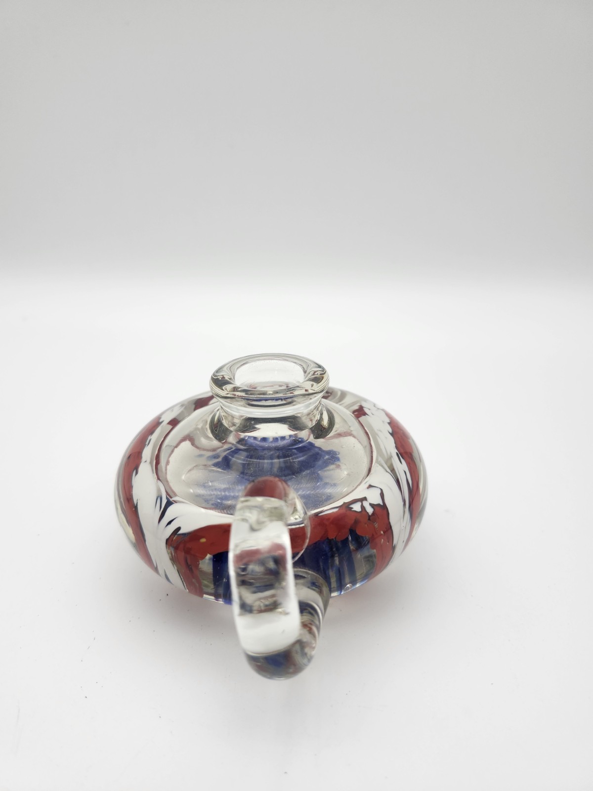 Hand Blown Art Glass Candle Holder Decorative Red Blue White Swirl With Handle