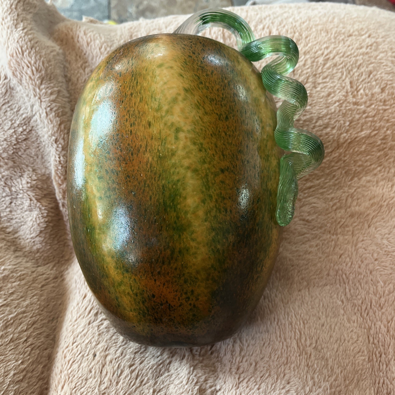 Medium Hand Blown Glass Pumpkin Green And Orange