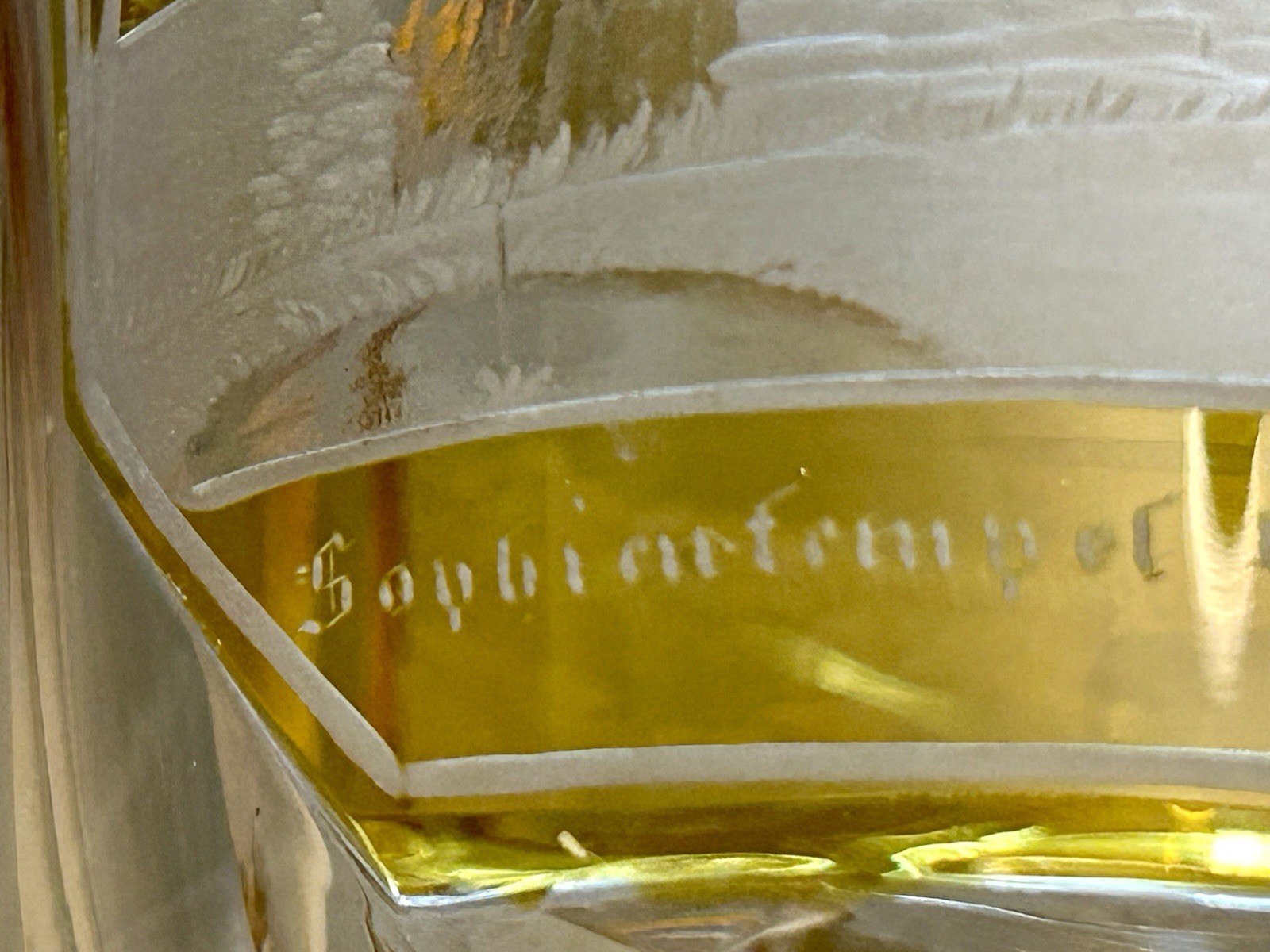 Rare Antique Bohemian Amber Cut to Clear Goblet With Scenes Of 2 Cities 7” Tall