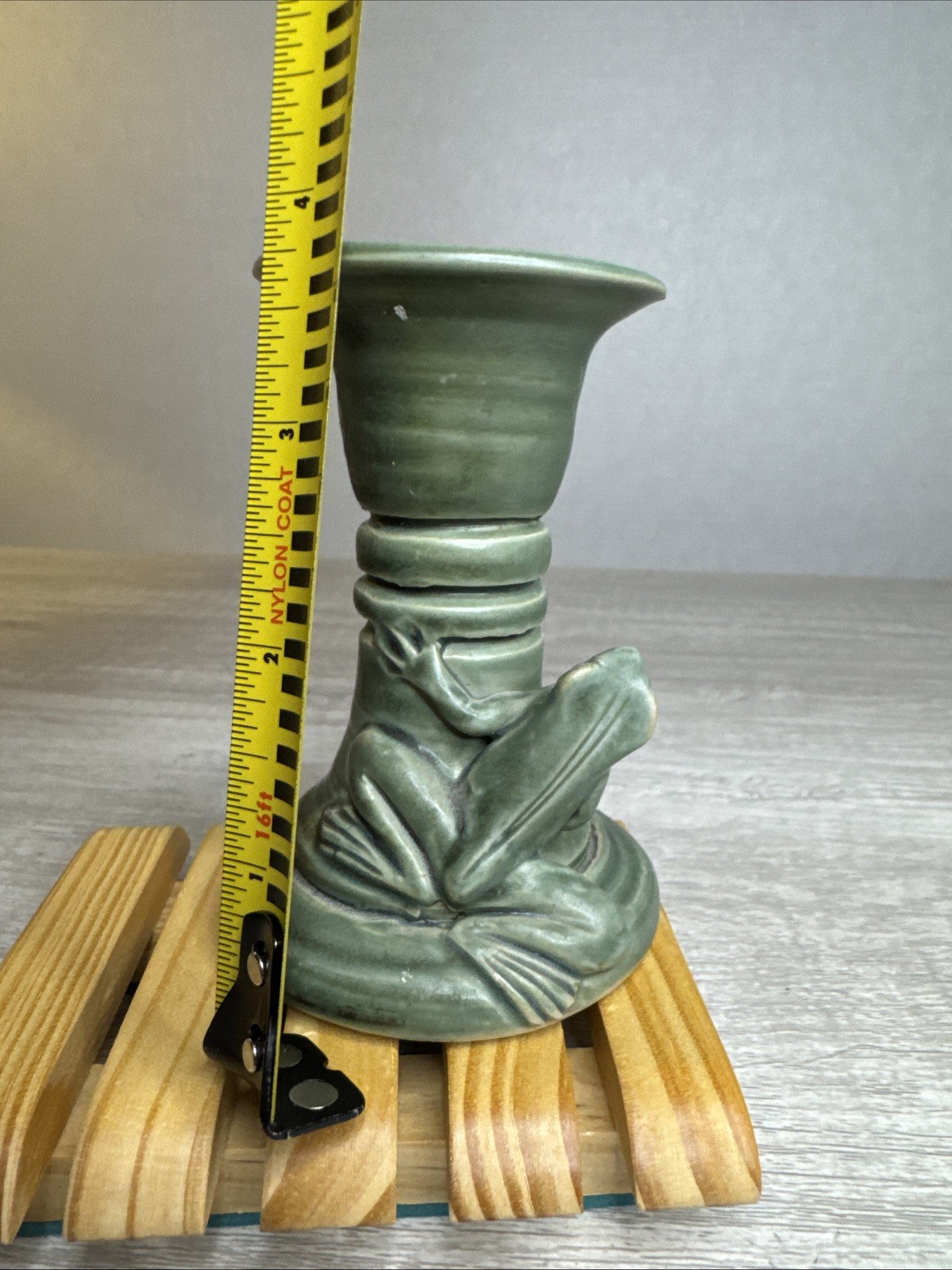 Frog Candlestick Indonesian Pottery Matte Green Glaze Toad