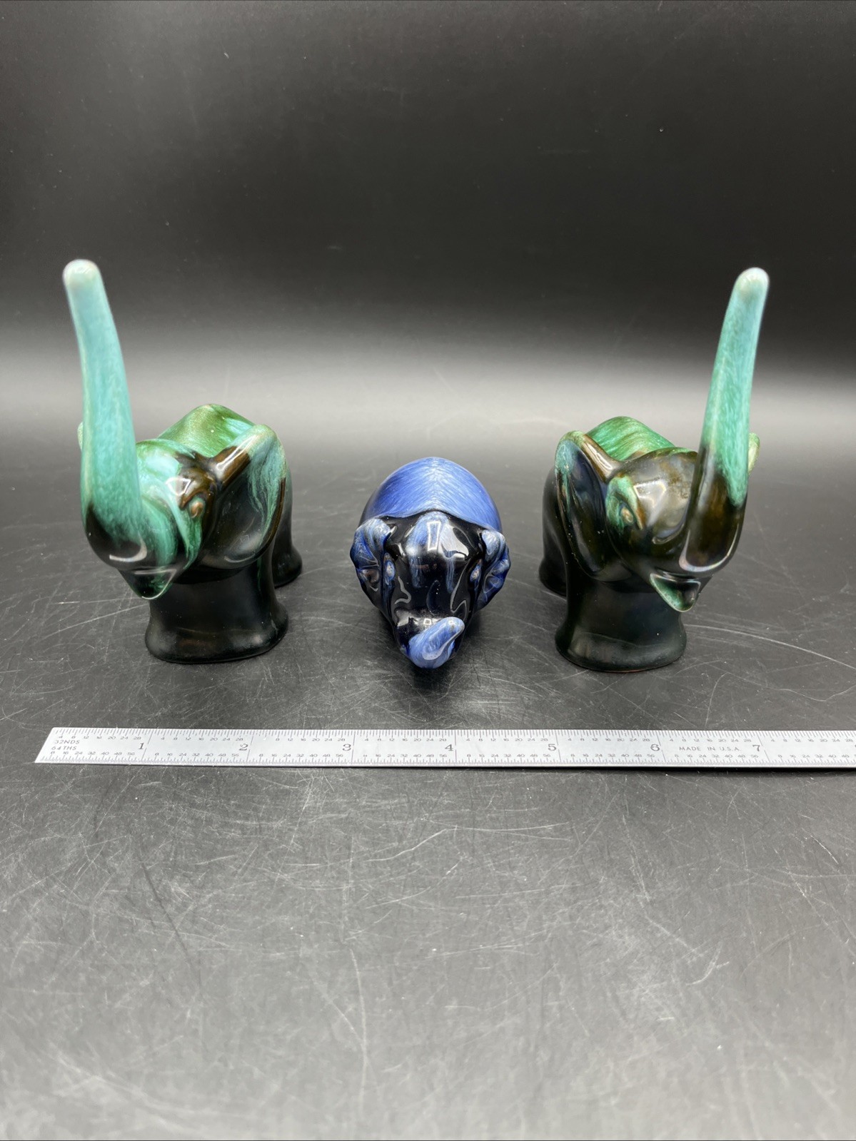 Vintage Redware Elephant Figurines (3) Green And Blue Drip Glaze Lot Trunks Up