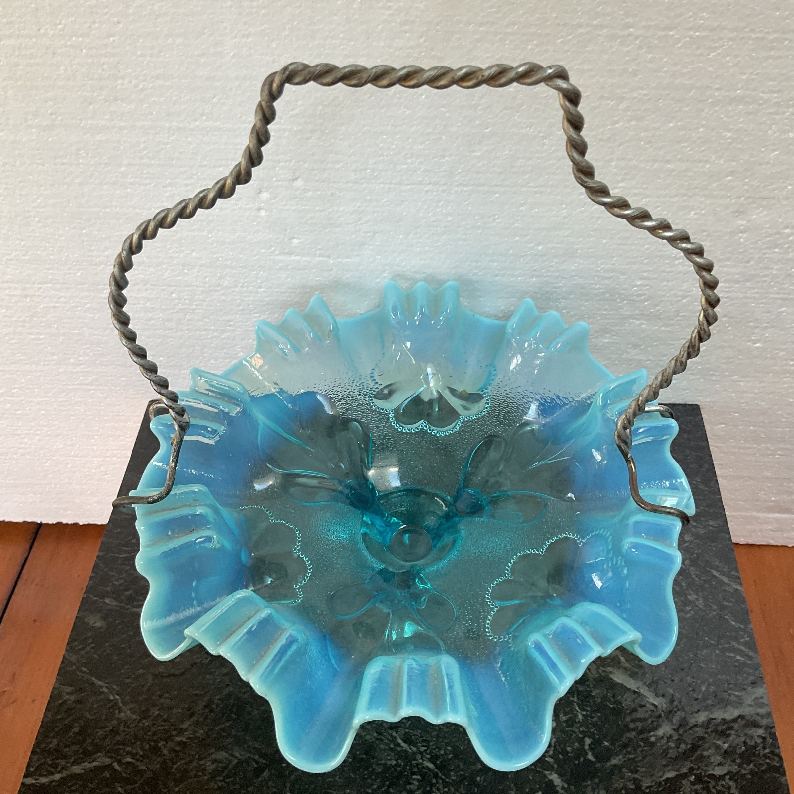 Vintage – Blue Opalescent Brides Basket Daisy & Plume – Vintage Glass