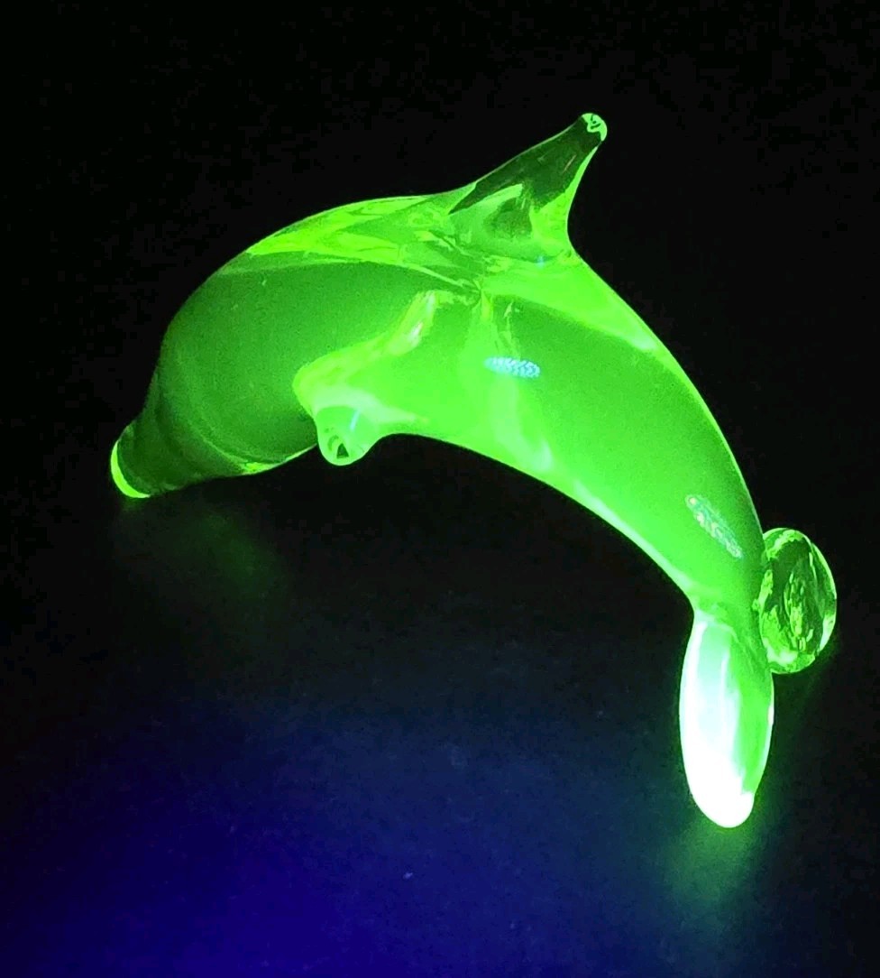 Vintage Gibson Glass Vaseline Uranium Dolphin Figurine in Leaping Arc