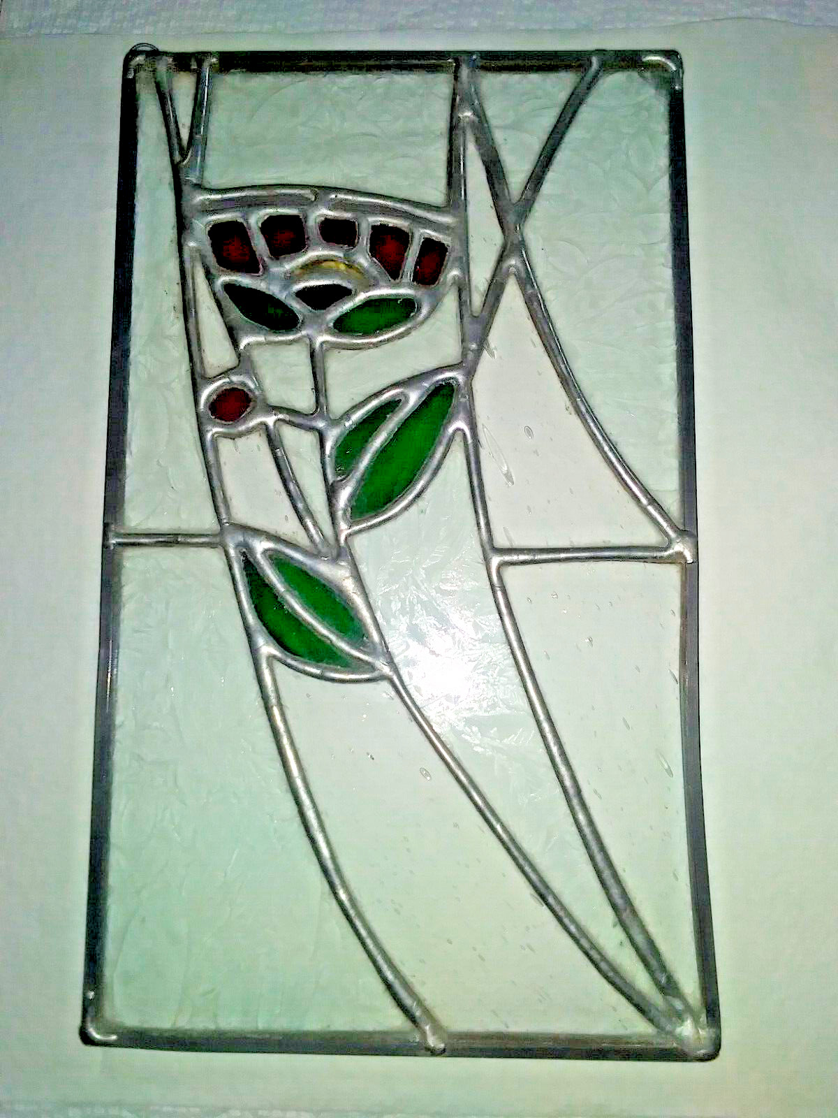 Abstract Rose Leaded and Etched Stained Glass Panel 10 x 6 inches