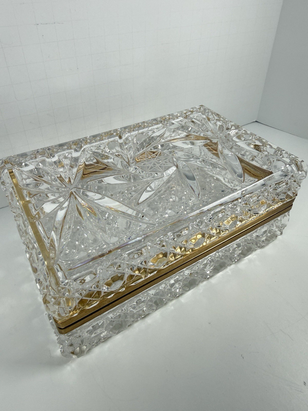 Vintage Baccarat Style Crystal & Brass Jewelry Box/Caskets Box