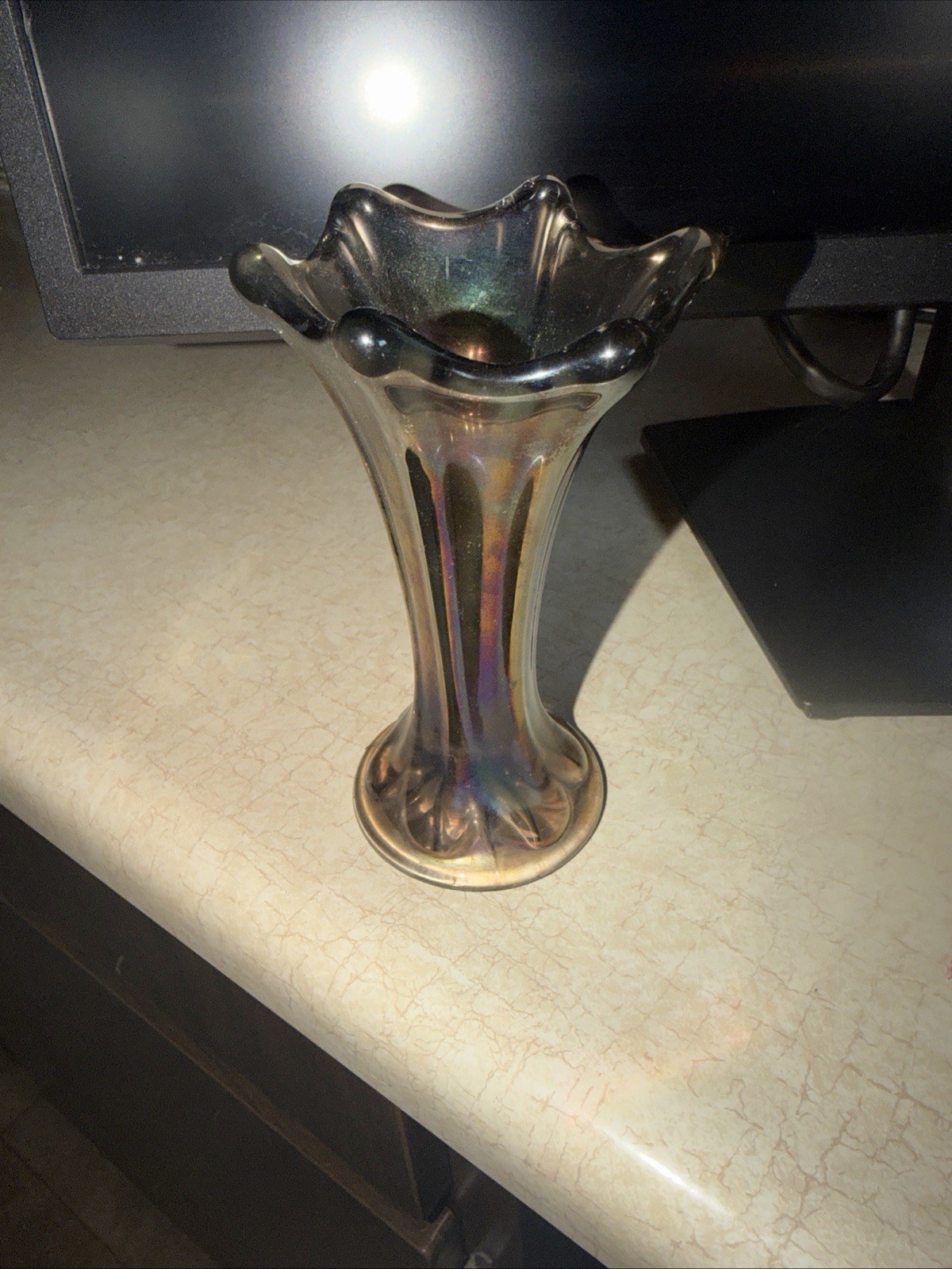 Purple Iridescent Carnival Glass Trumpet Vase, Flared Ruffled Rim