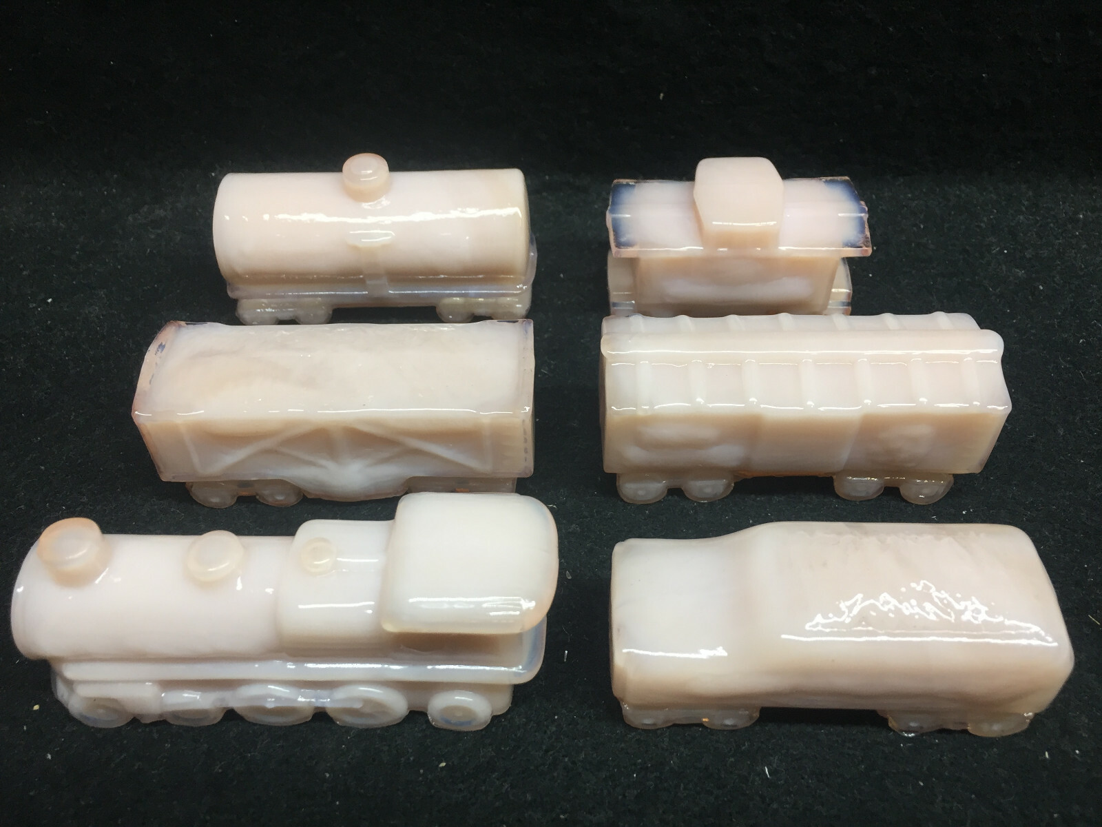 Pink milk crown tuscan glass Train set steam engine / tanker car railroad lot RR
