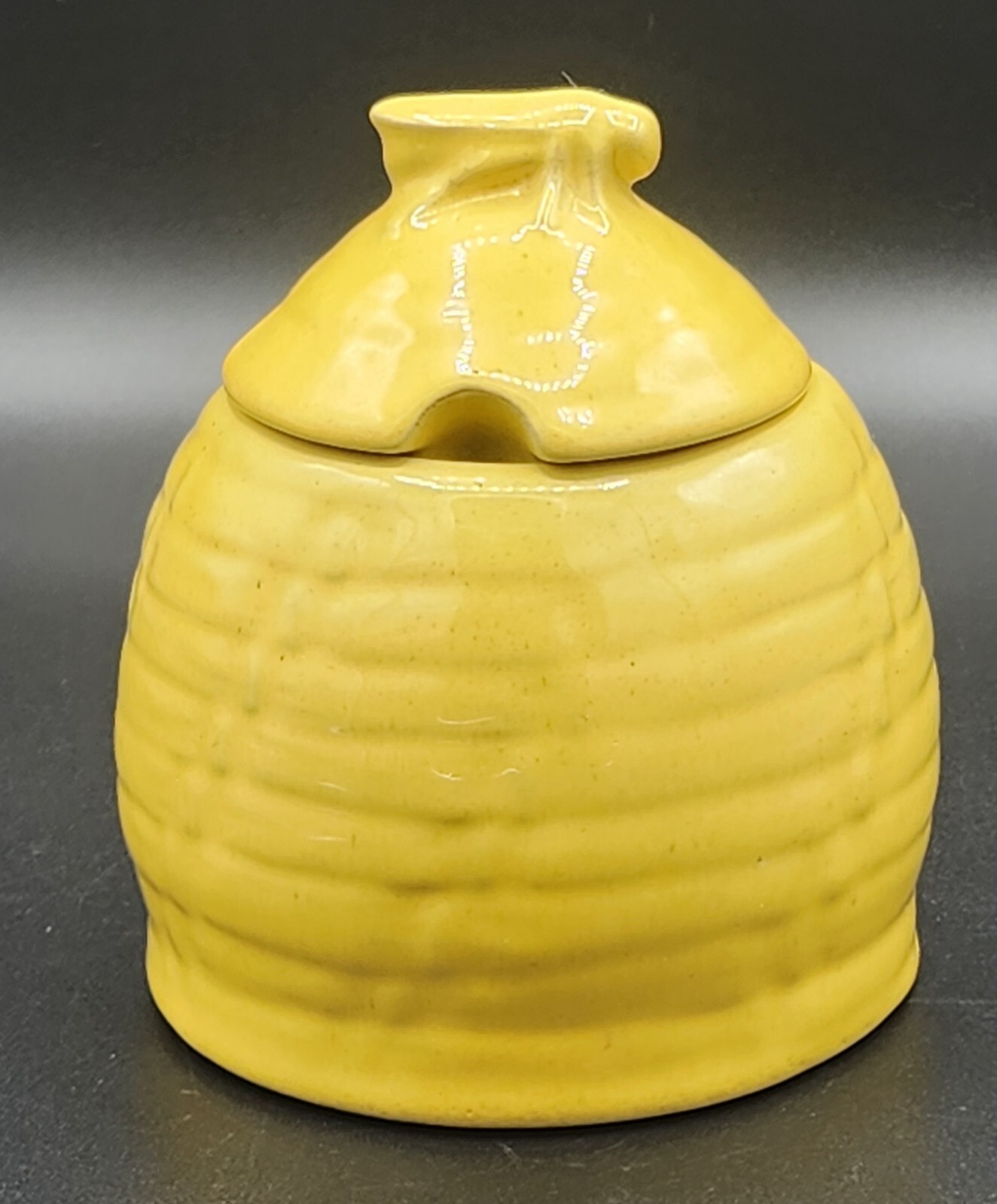 Vintage FRANKOMA POTTERY 803 Honey Jug Beehive Yellow Glaze W/Bee Lid, 12oz, USA