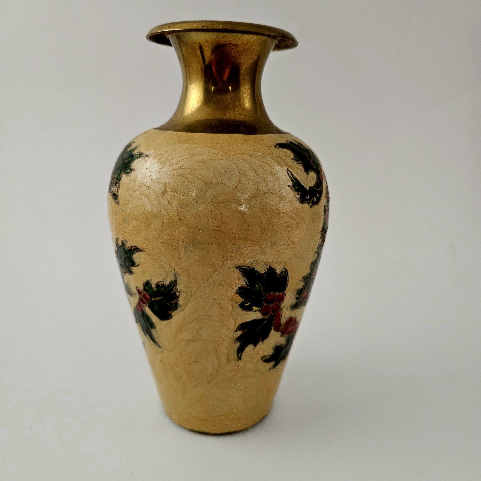 Vintage Cloisonne Christmas Vase Enamel Finish Brass India Holly Tree 8″t