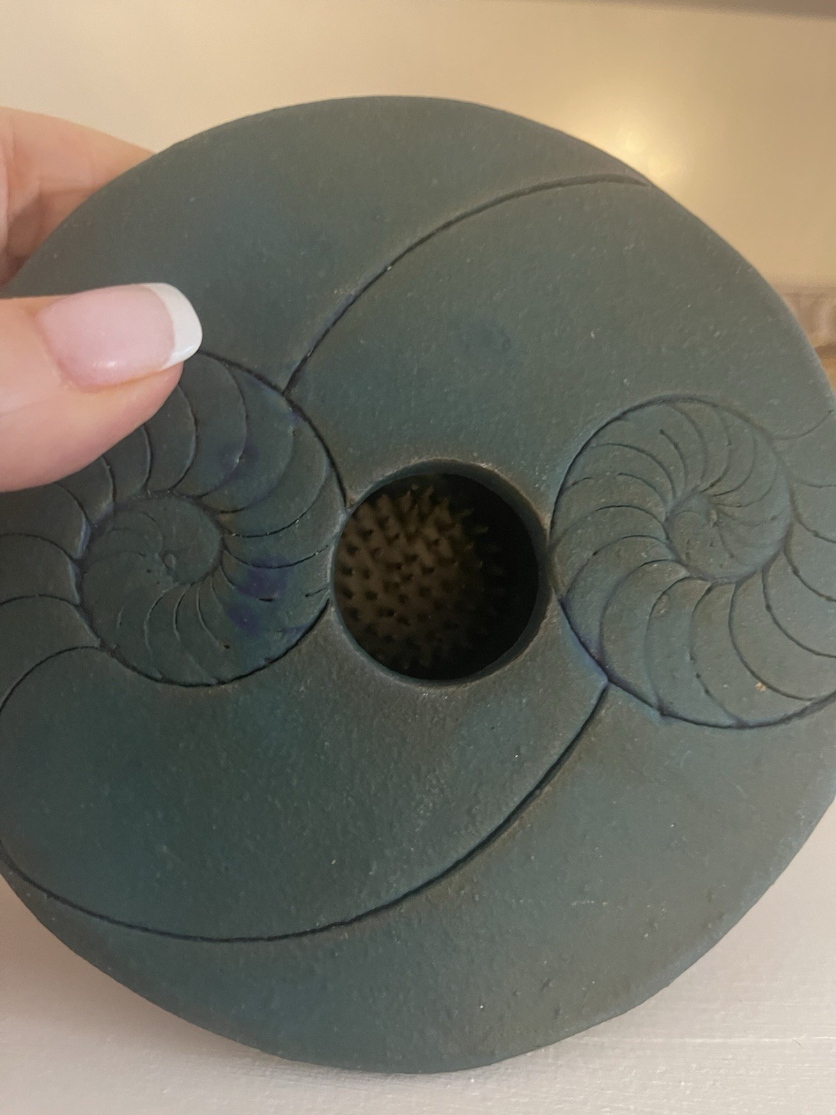 Studio Art Pottery Flower Frog Pedestal Plate Signed Blue Floral Design ~4.75”