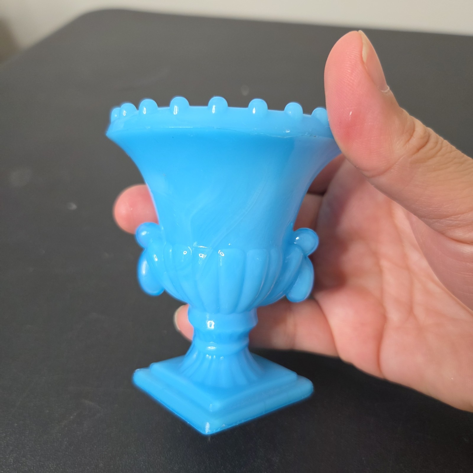 Vintage Vogue Mercantile NYC Blue Slag Milk Glass Urn Small Toothpick Holder 3″