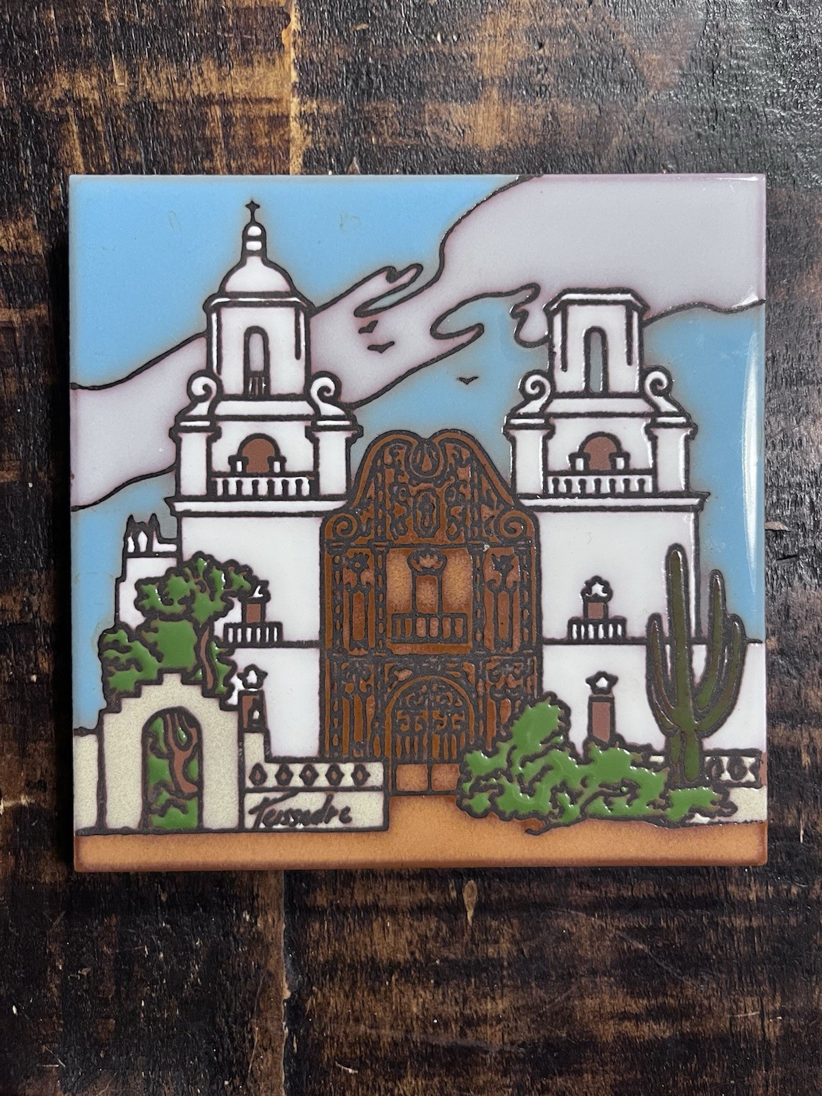Vtg Cleo TEISSEDRE Designs 6×6 Tile of San Xavier del Bac Mission Trivet Wall