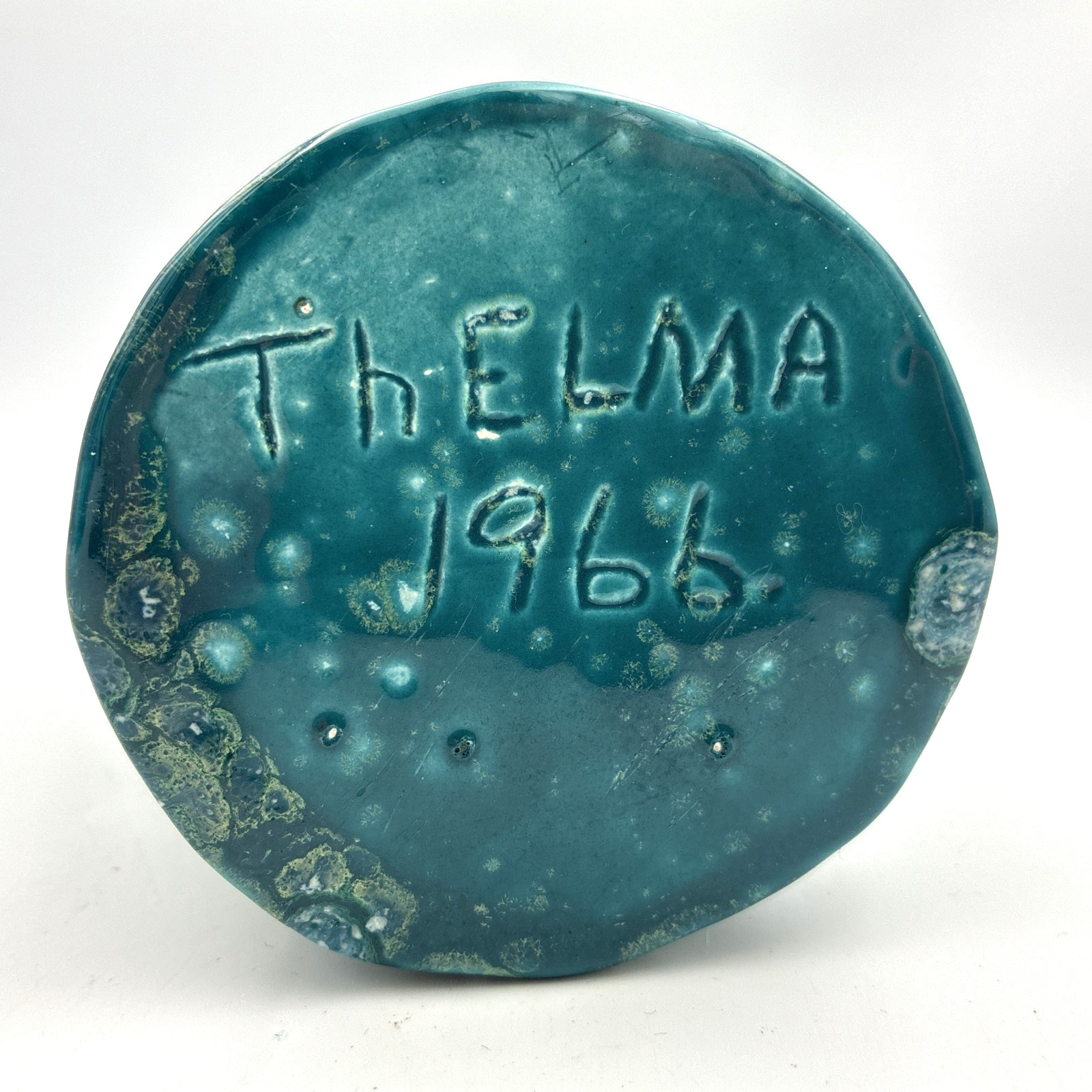 Vintage MCM Studio Pottery Teal Lava Glaze Flame Vase Signed Thelma 1966 14″