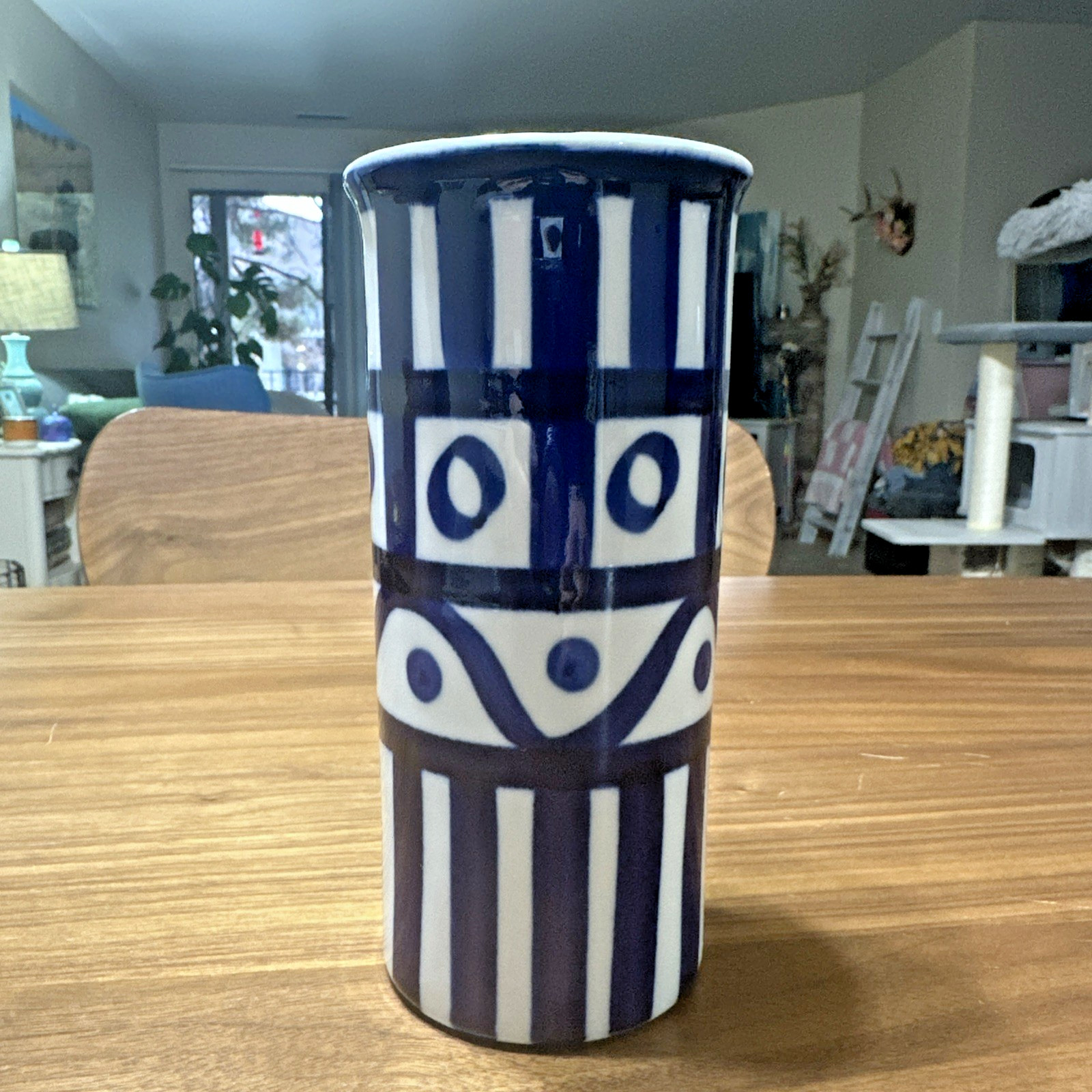 Dansk Arabesque Vase Blue White Stoneware Scandinavian Decor Handpainted Pottery
