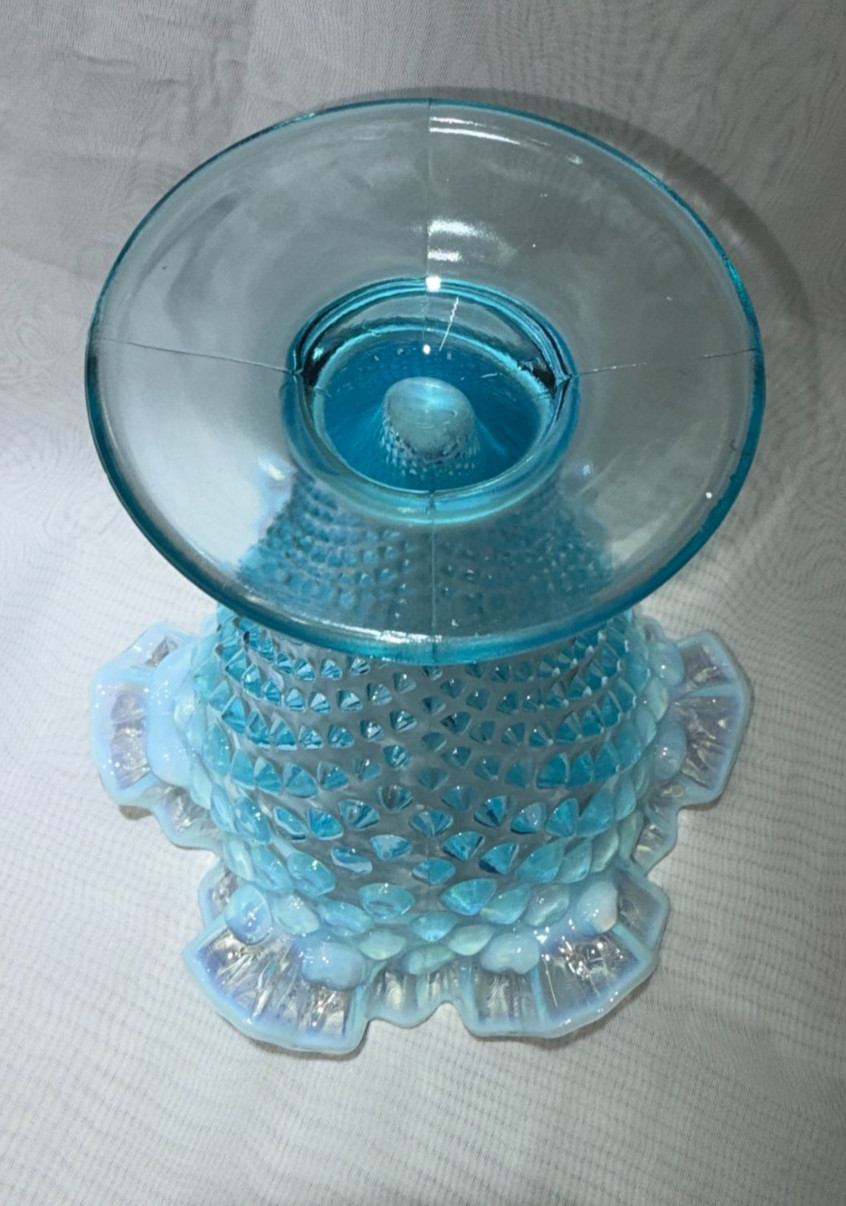 Vintage Fenton Aqua Blue Opalescent Hobnail Vase Ruffled Edge Large 7.5″ Pre 70s