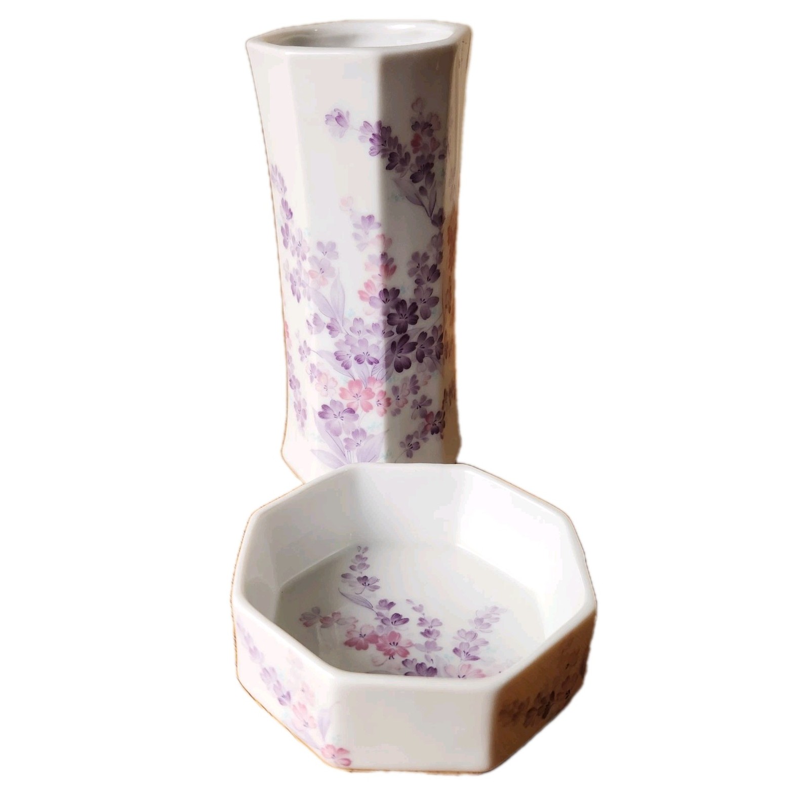 Vtg Set Irice White Porcelain Lavender & Pink Floral Trinket Dish & Vase Japan