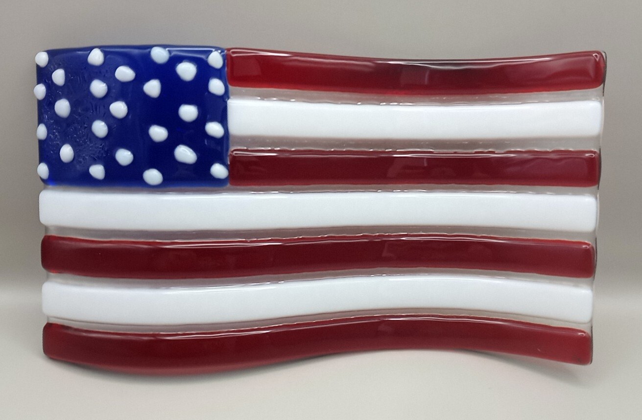 Snazzy Glass Dish Handmade Red White Blue Waving American Flag Made In Colorado