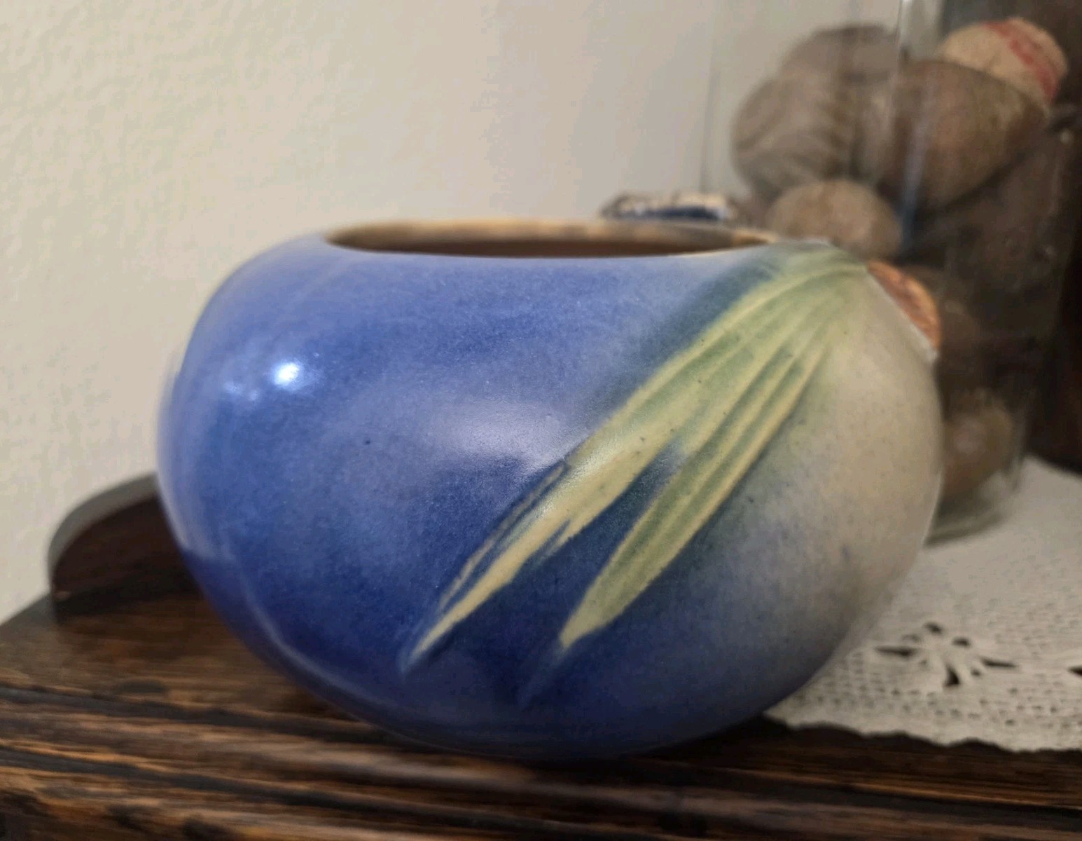 Vintage Roseville Pottery Pine Cone Deep Blue Jardinere Vase #278-4