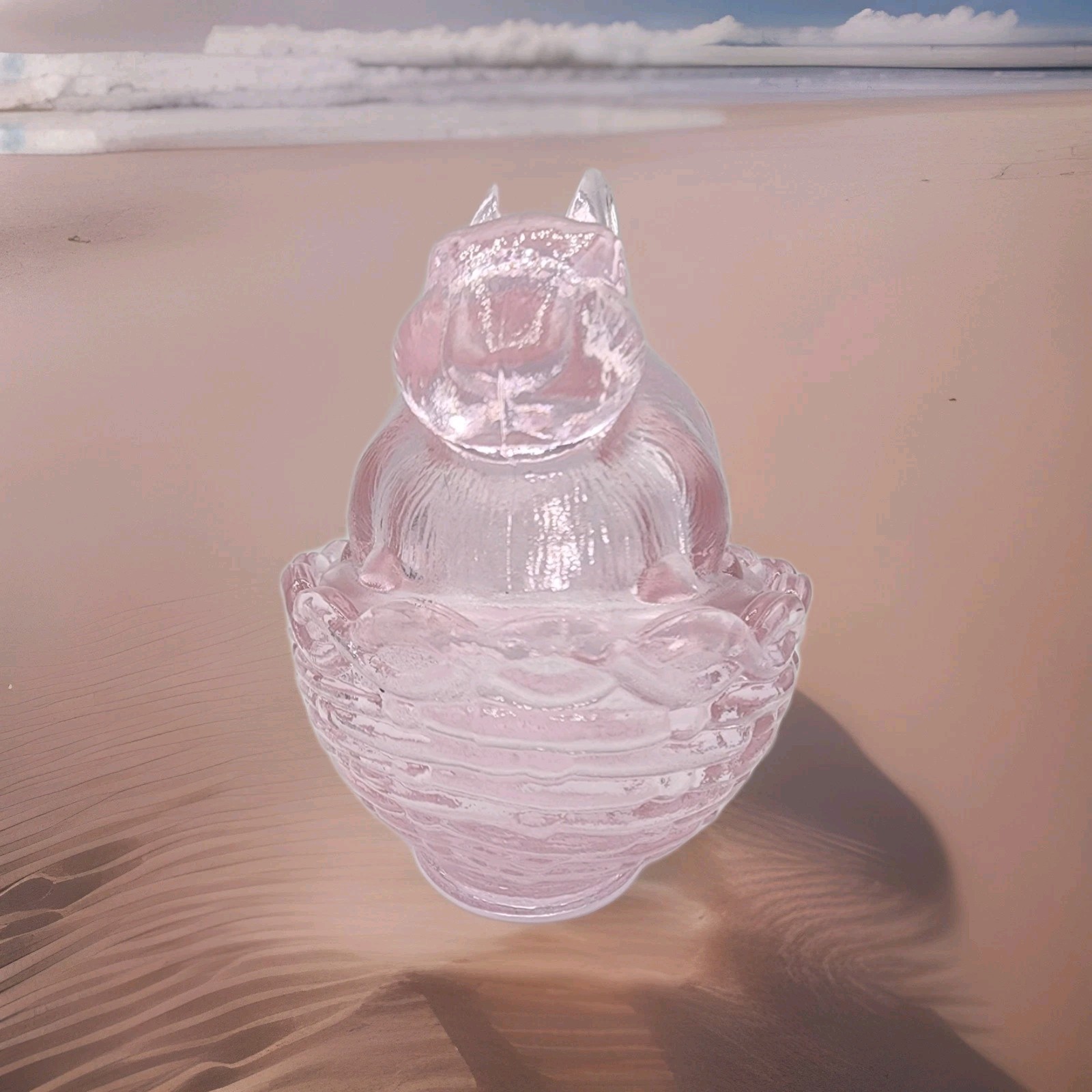 Easter Bunny on Basket Mosser Glass W/ Logo Covered Dish Passion Pink 4″