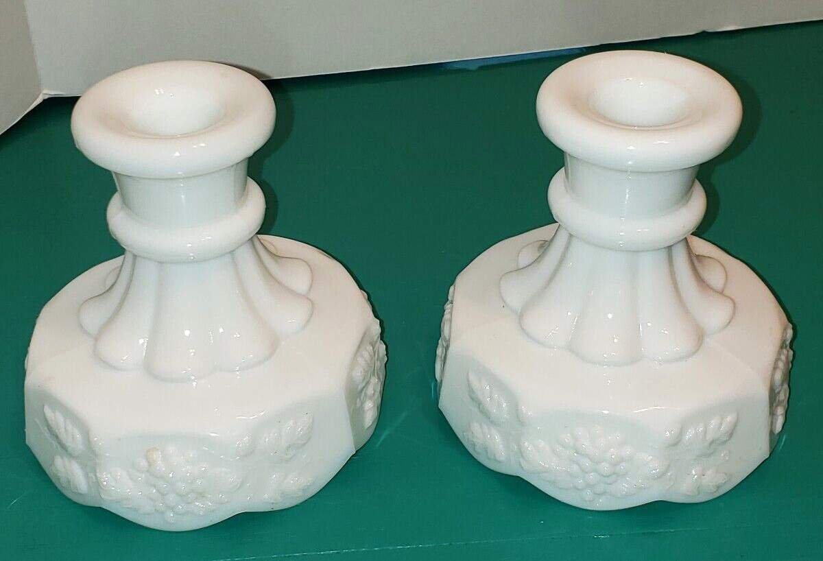 VTG Set Westmoreland White Milk Glass Grape Paneled Skirted Candle Stick Holders