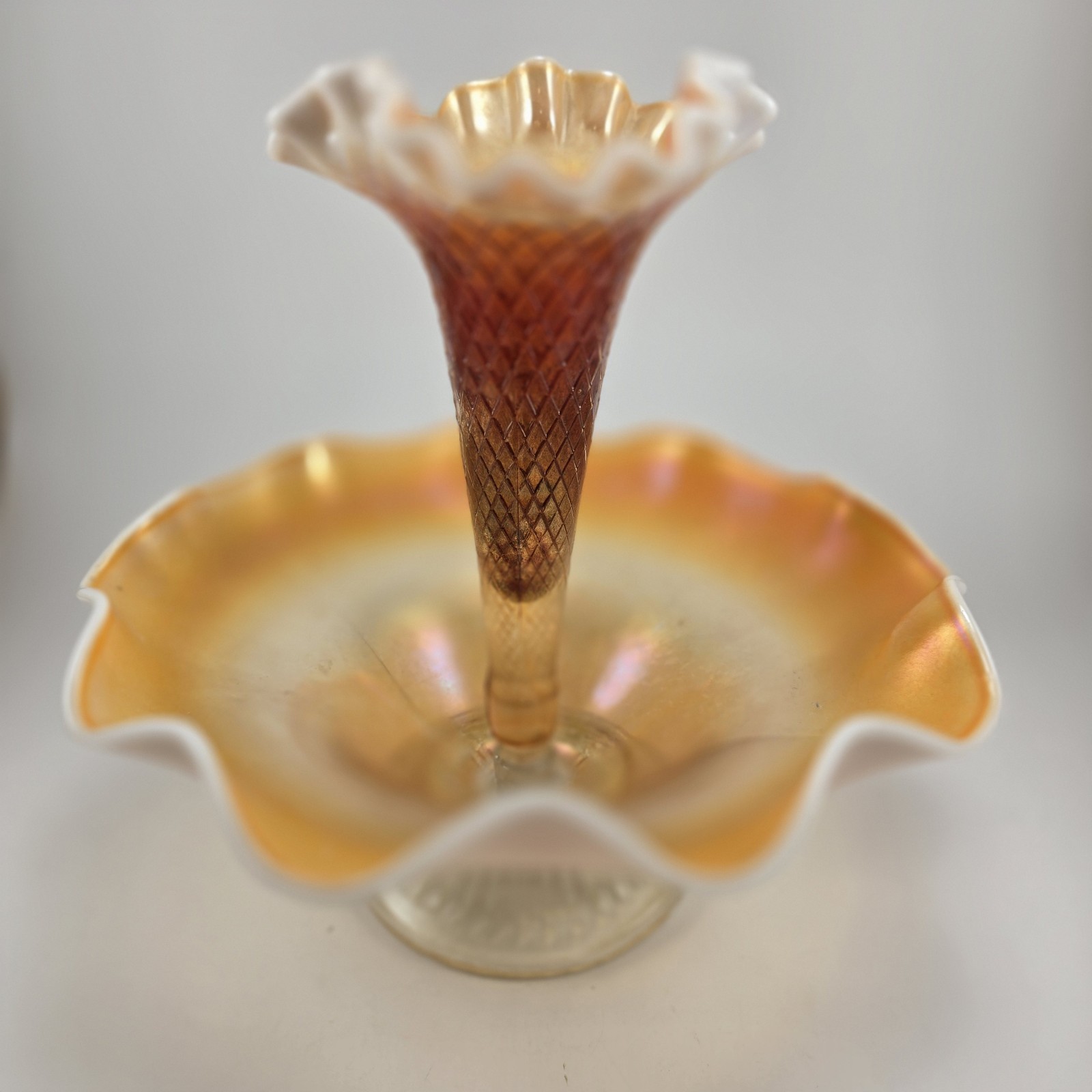 Dugan Single Epergne Peach Opalescent Fishnet Marigold Carnival Glass ca 1910s