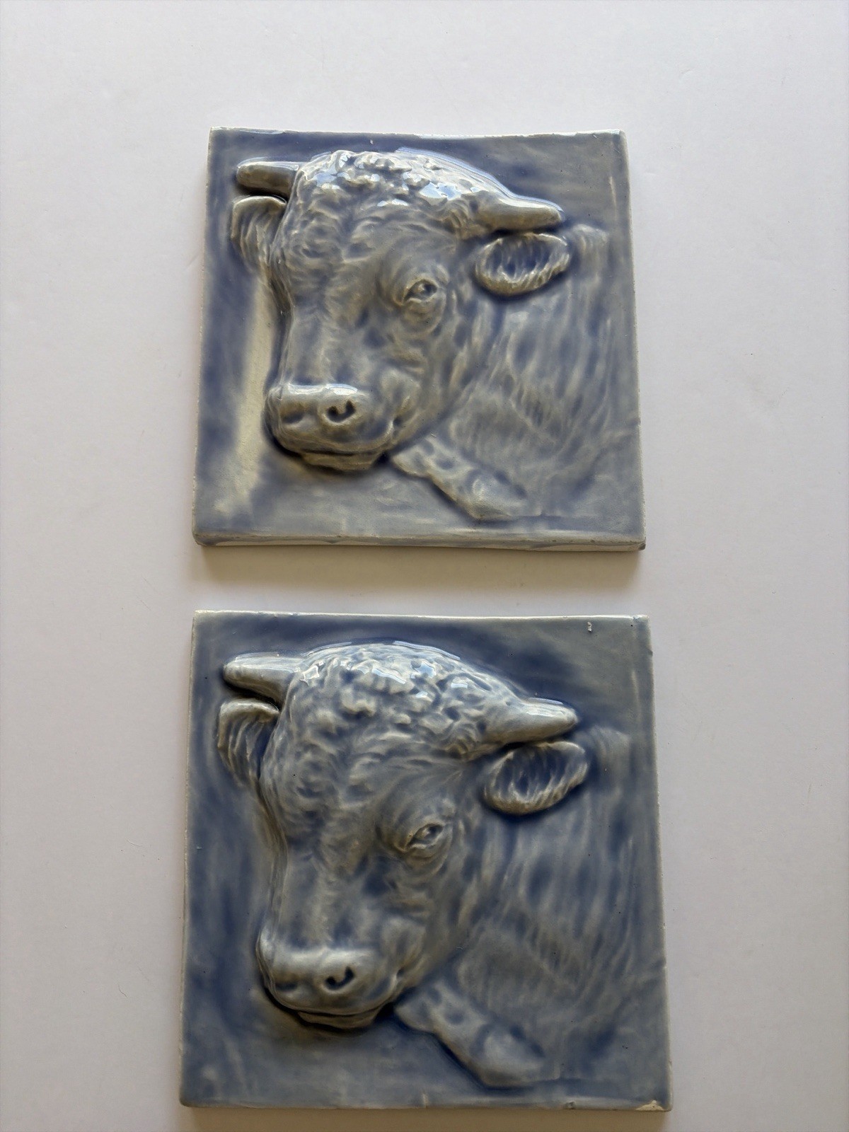 Pair Blue Glazed Bull Relief Tiles 6×6 Art Pottery Ceramic Wall Plaque Vintage