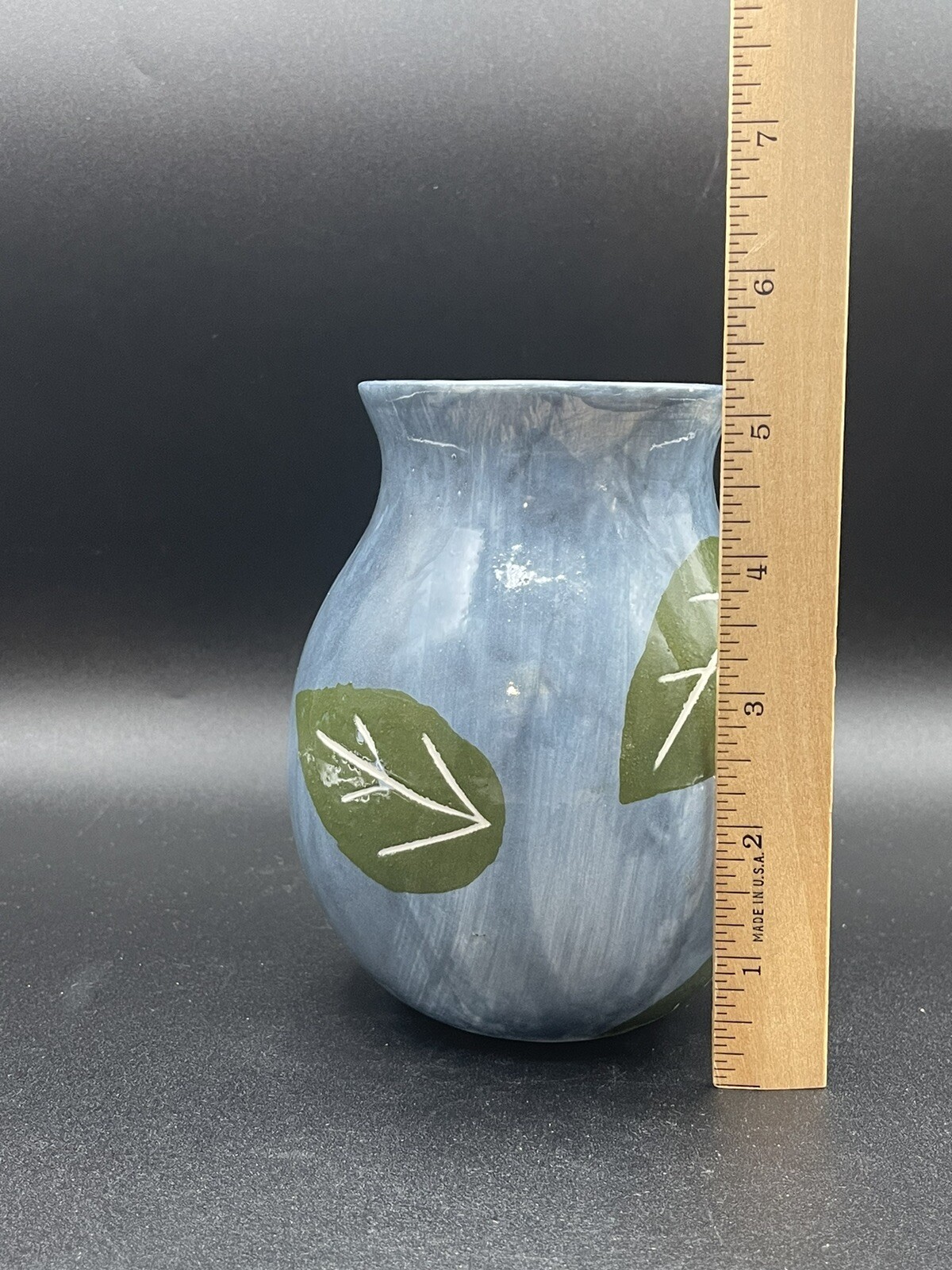 Barbara Eigen Pottery Vase Blue Green Leaves 5.25″x3″ Signed USA