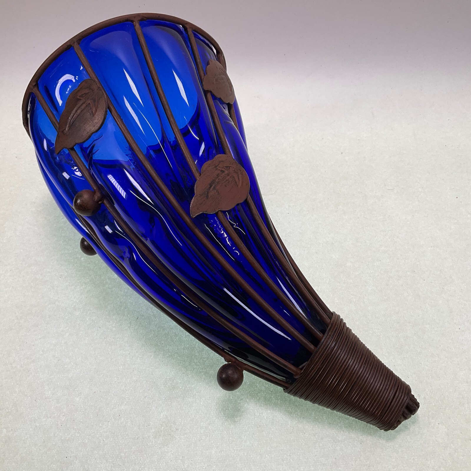 Cobalt Cornucopia Hand Blown Glass Metal Cage Leaves Vase 1960s 10 1/2″