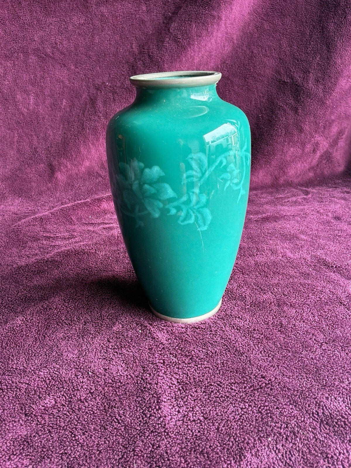 Vintage Sato Japan Turquoise Enamel Vase Floral Design Mid Century Bud Vase