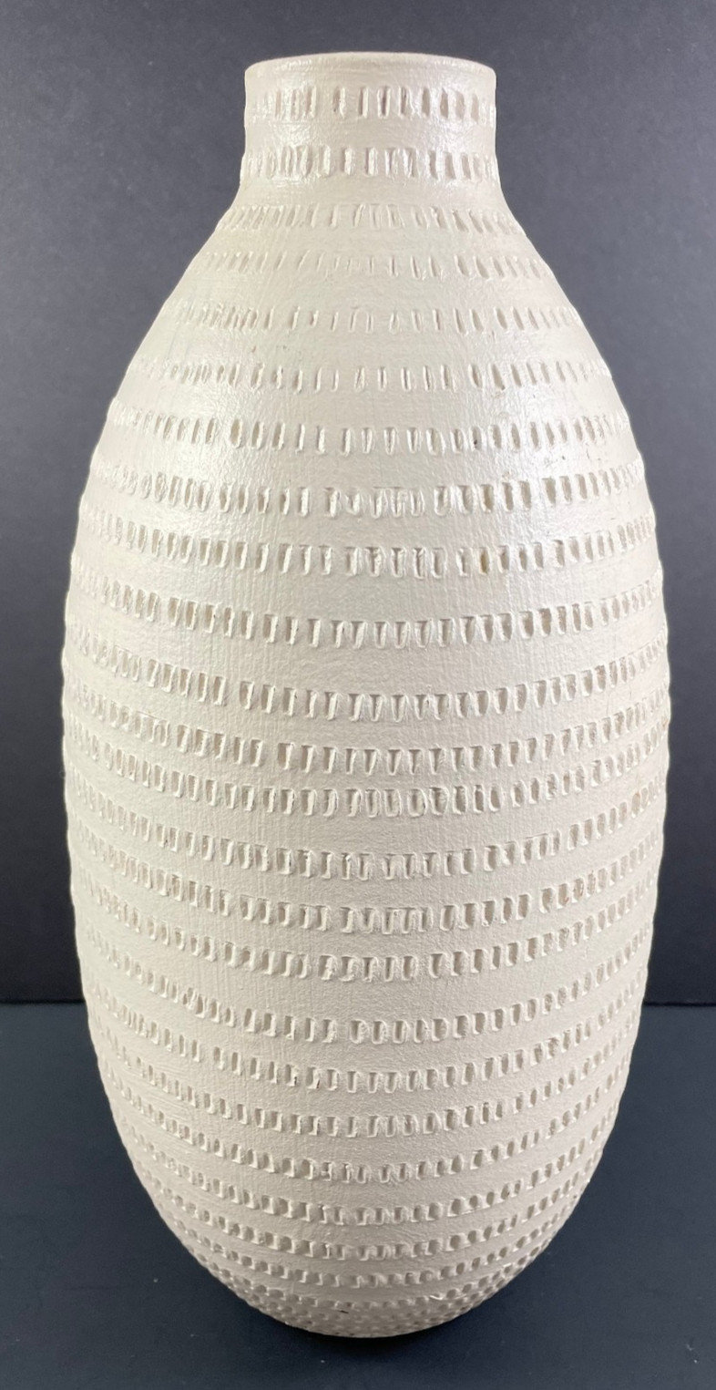 Textured Pottery Vase 12″ Beige Natural Stripe Heavy Farmhouse