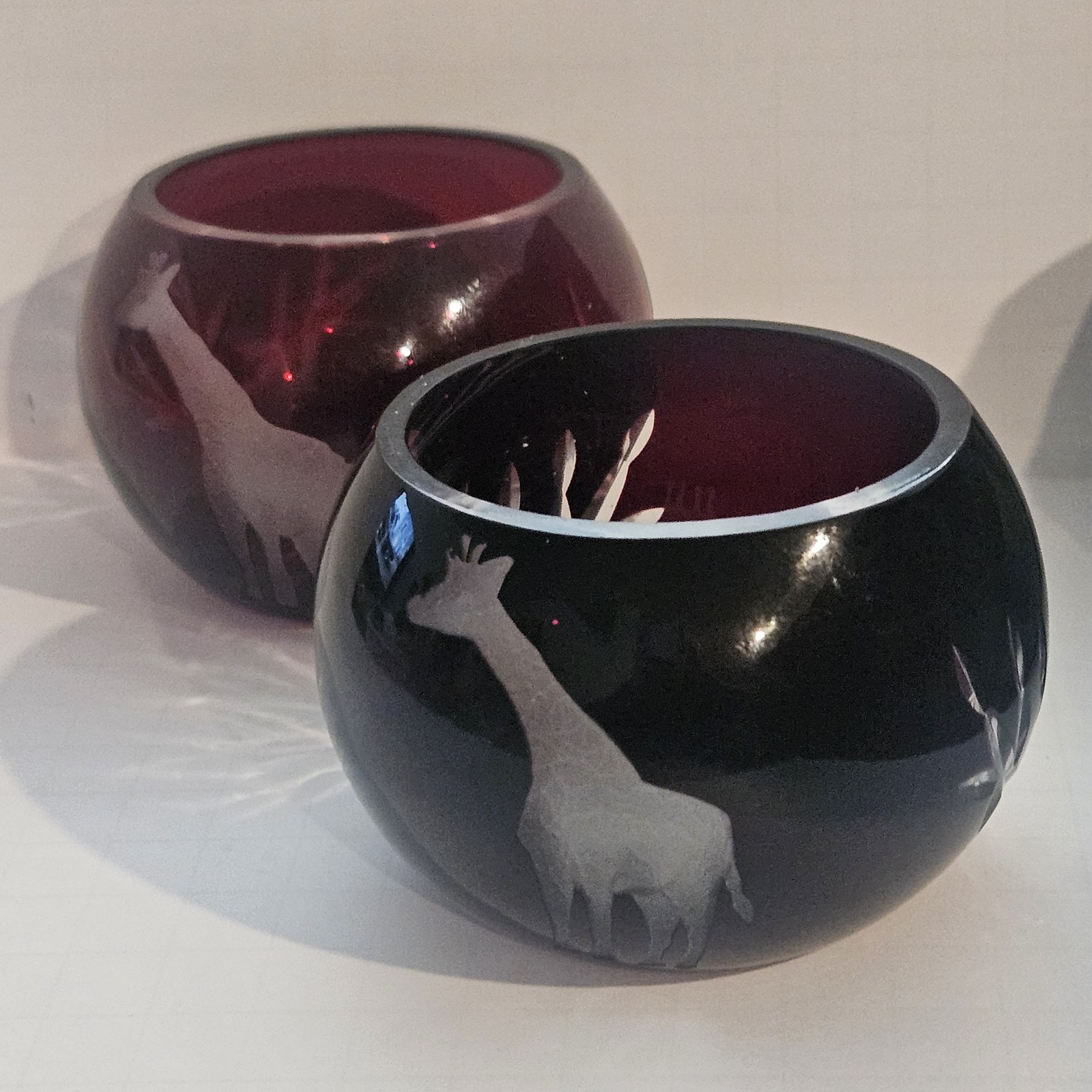 Pair Of Ruby Glass Cut To Clear Giraffee Bowls
