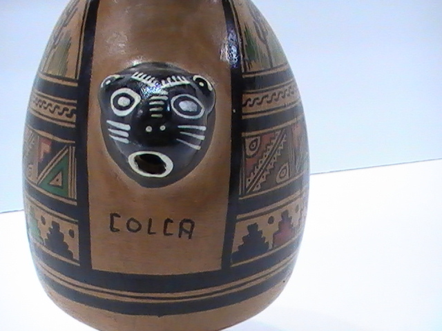 PERU INCA Murals Pottery Art Deco Hand Painted Handcrafted Jaguar 8.5″ tall