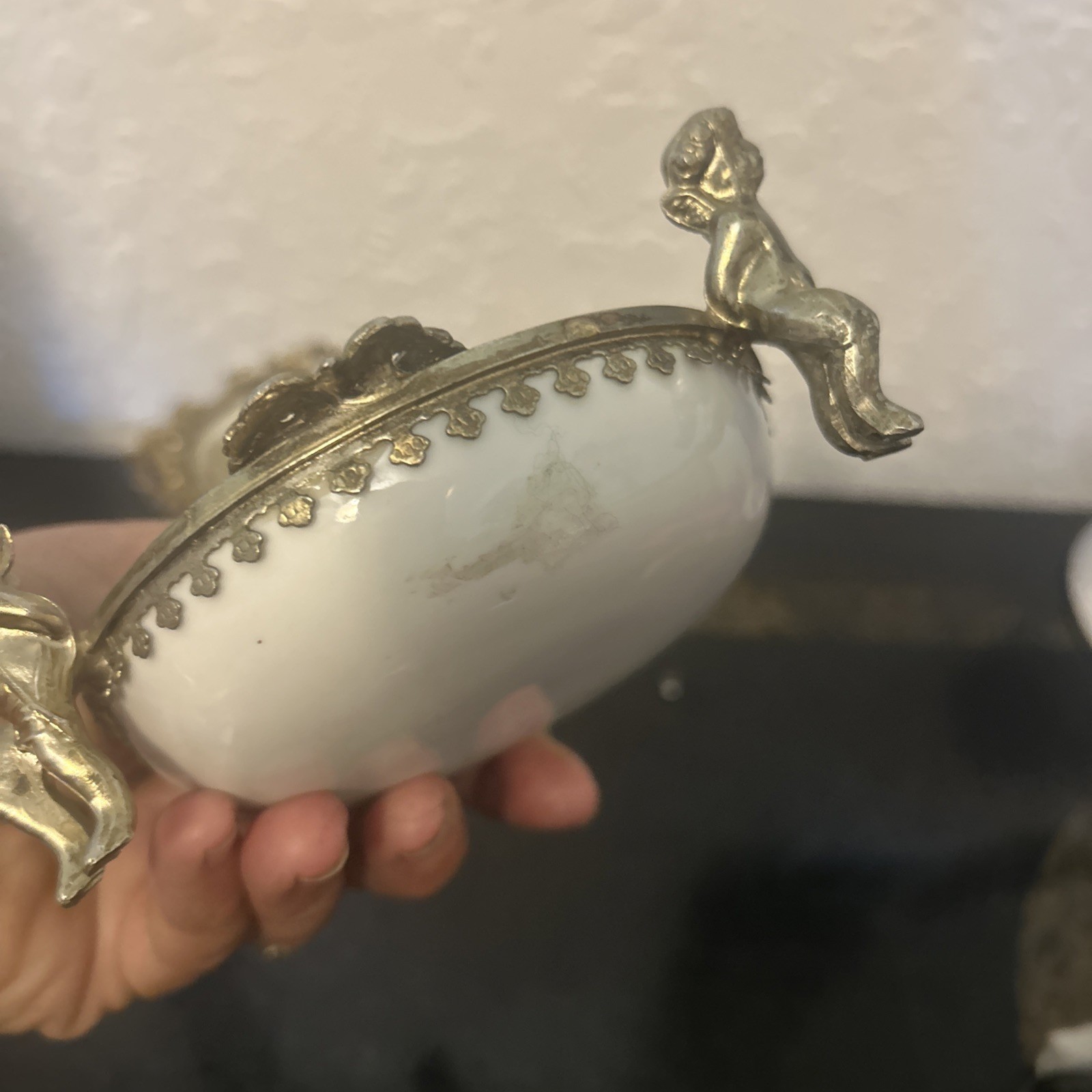 Antique Porcelain Germany Kalk Crossed Arrows Mark Bronze cup & Ashtray Cupids