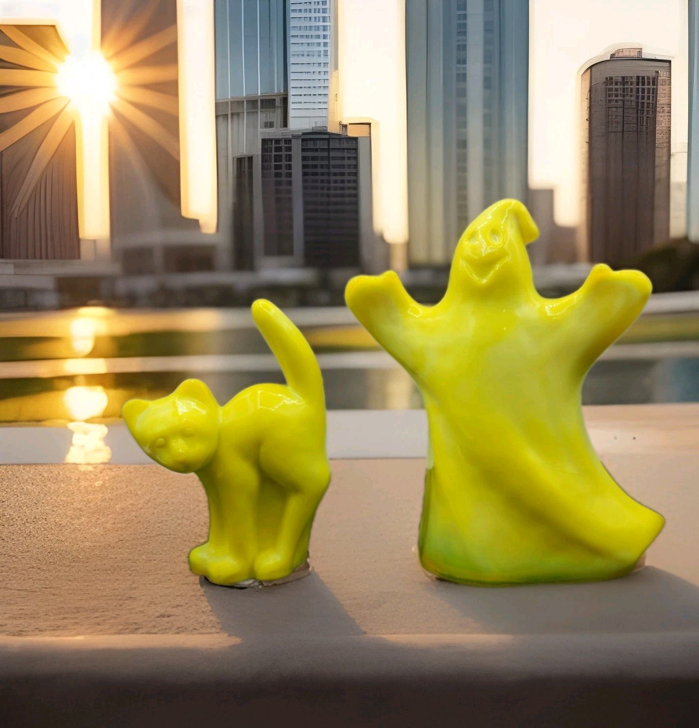 Scaredy Cat & Ghost Mosser Art Glass for Fenton Dandelion Yellow Glows UV