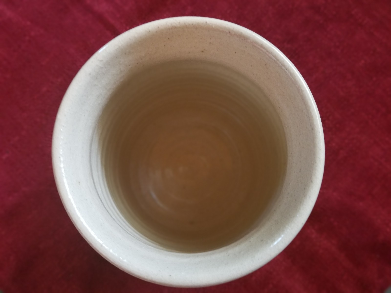 Nice! Small Pottery Crock signed by Rae Oatmeal with Blue Stripes 6.5″ EC