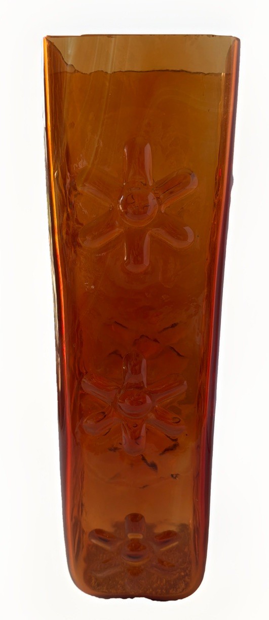 Vintage Blenko 6115-L Tangerine Glass Vase Wayne Husted Triple Daisy MCM 14.25”