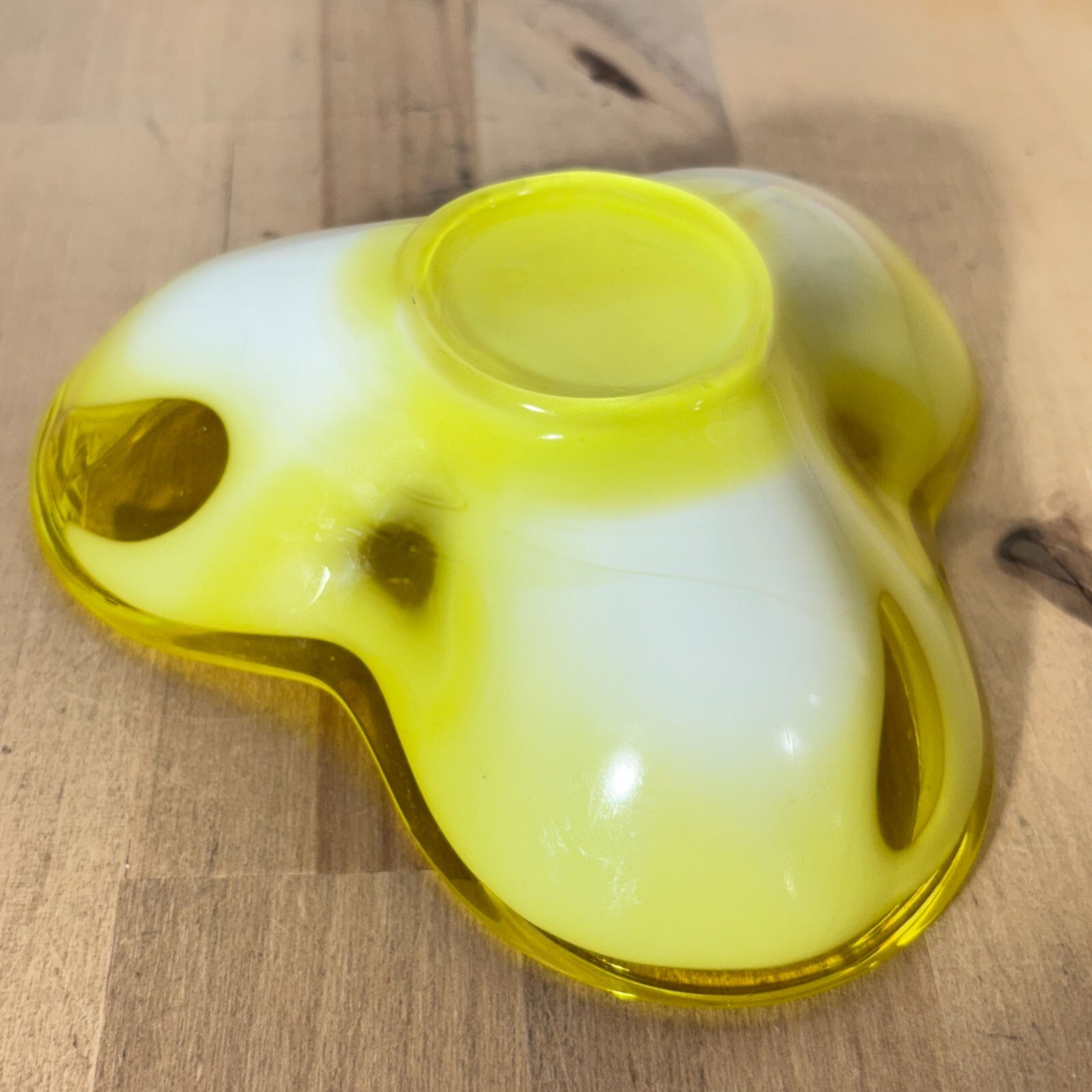 Sasaki Slag Glass Clover Shape Dish Ashtray Canary Yellow Cadmium Orange Glow