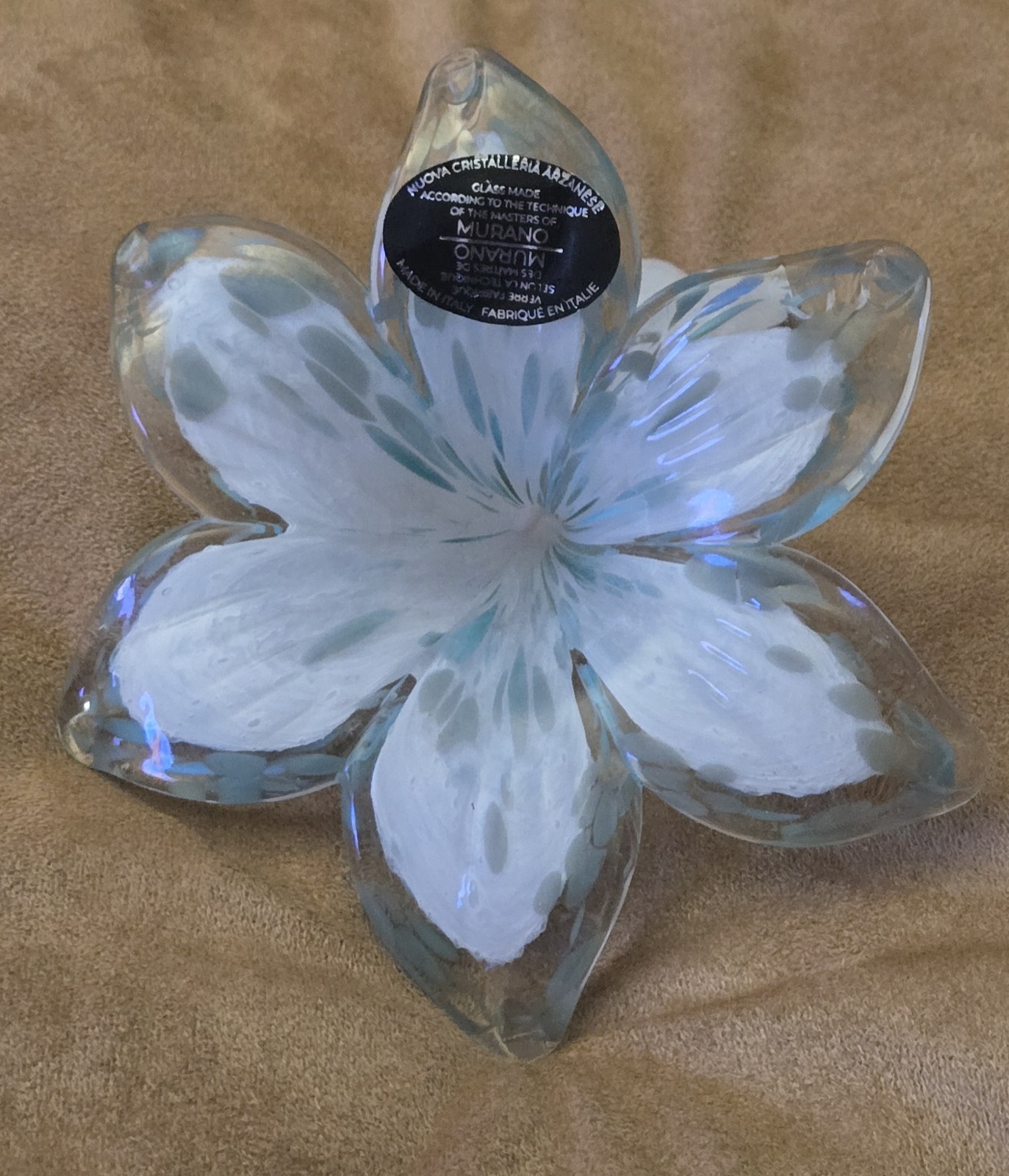 Genuine MURANO Italian Flower Hand Blown Glass White Blue Art Made in Italy NEW