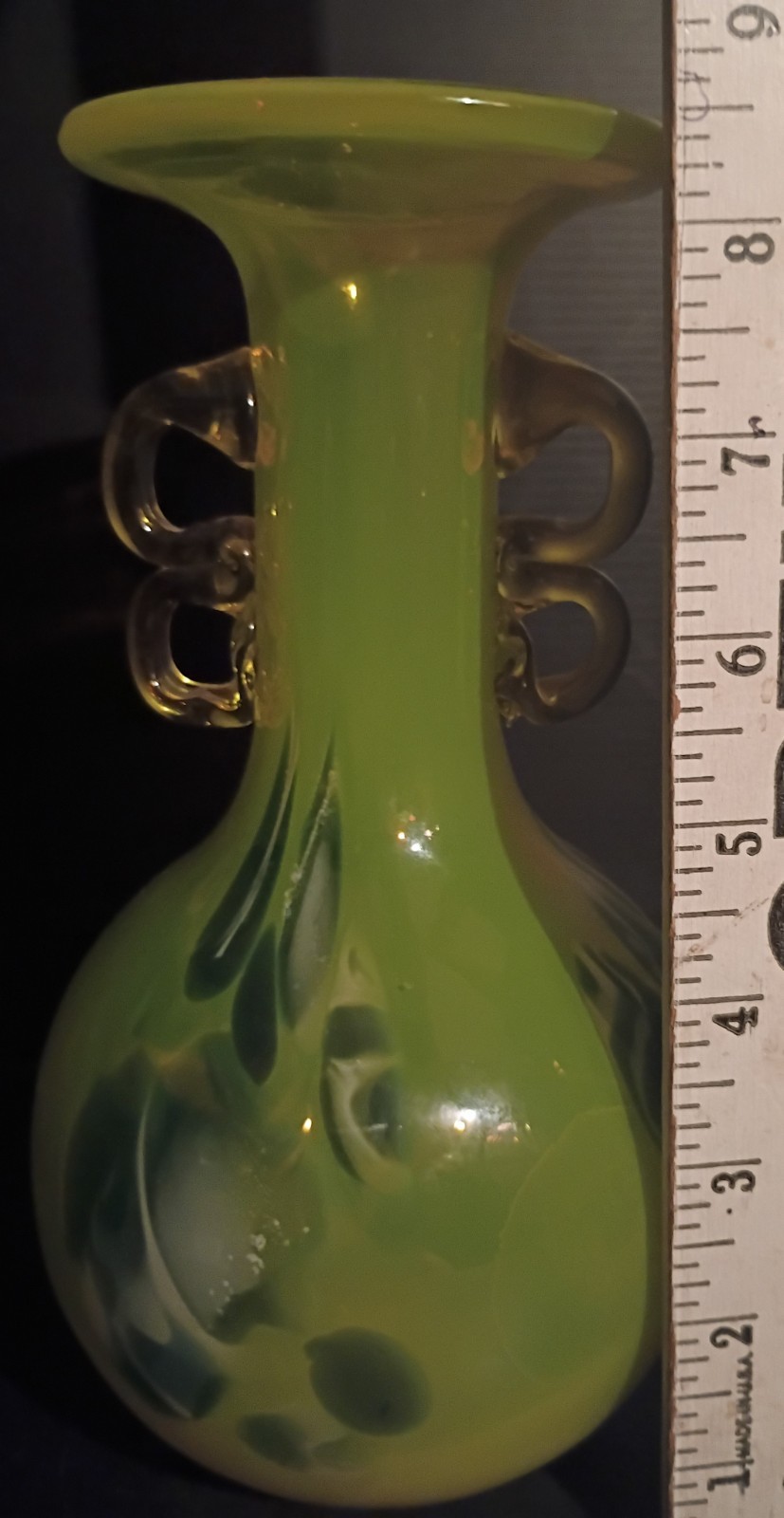 Vintage Hand Blown Yellow Art Glass Vase Cadmium UV Reactive Handles! 8.5″ Tall!