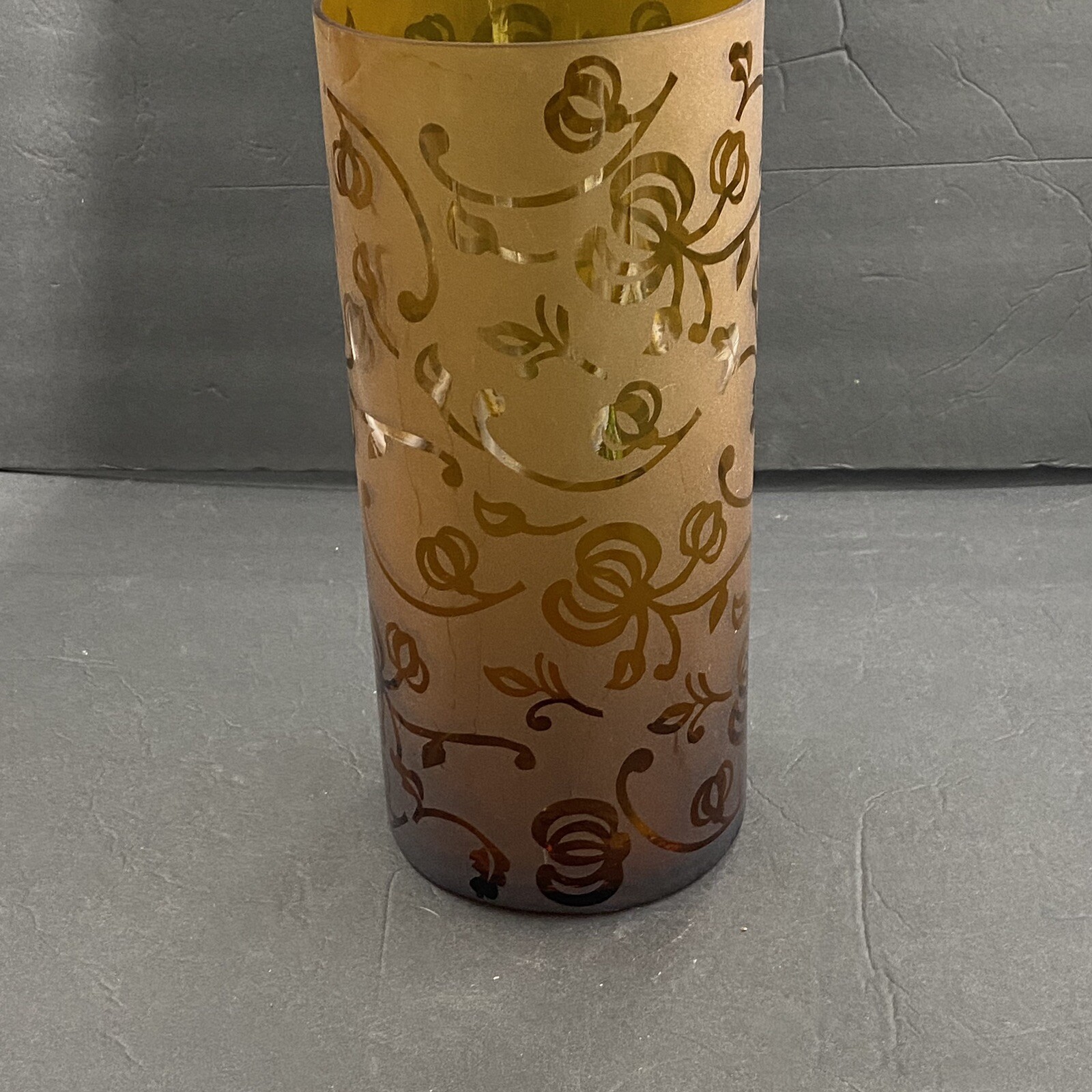 Vintage Elements Art Glass Vase Tall Amber Brown Floral Heavy Cylinder Candle