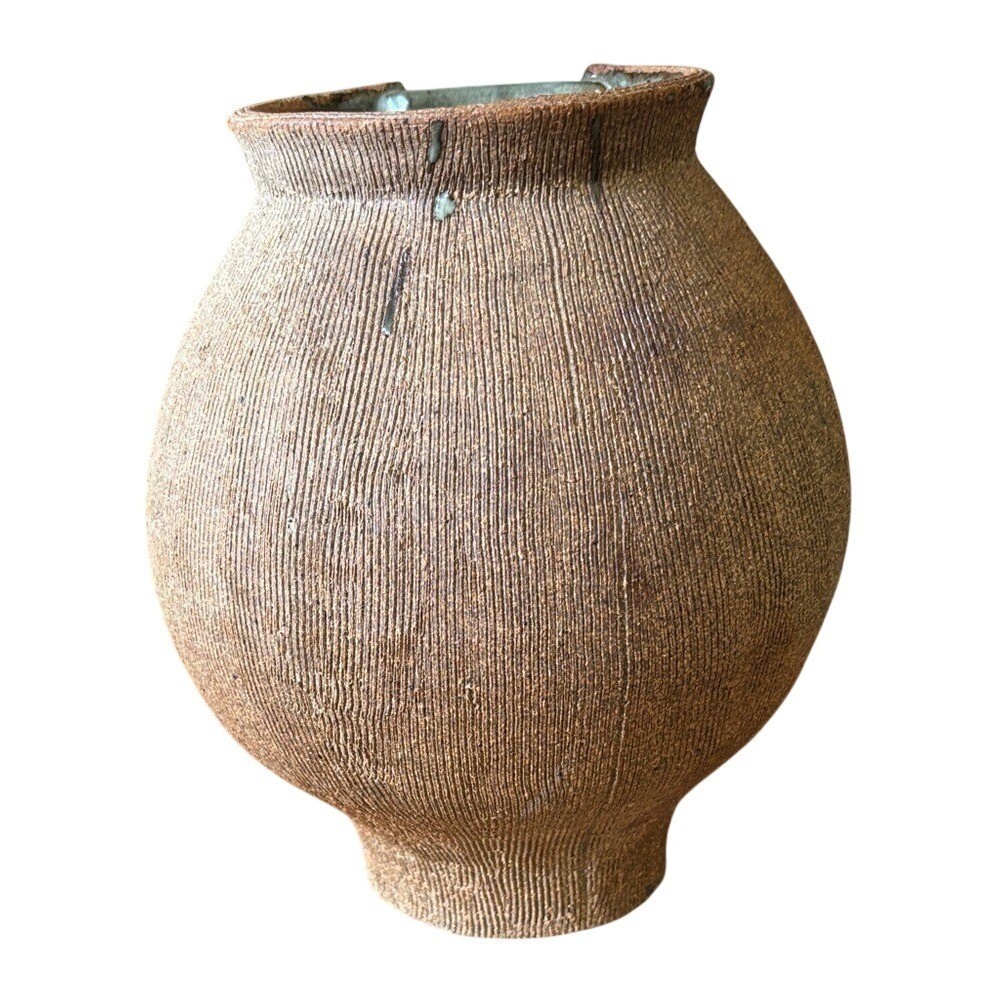 Vintage Handcrafted Green Blue Brown Swirl Pottery Vase Textured 10″