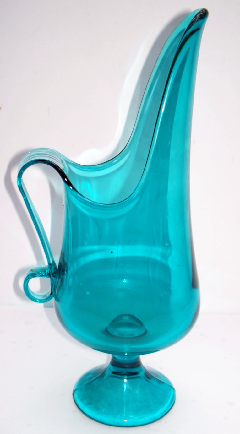 VTG BLUE L. E. Smith Pedestal Swung Glass Pitcher Candle Holder Vase MCM 12″