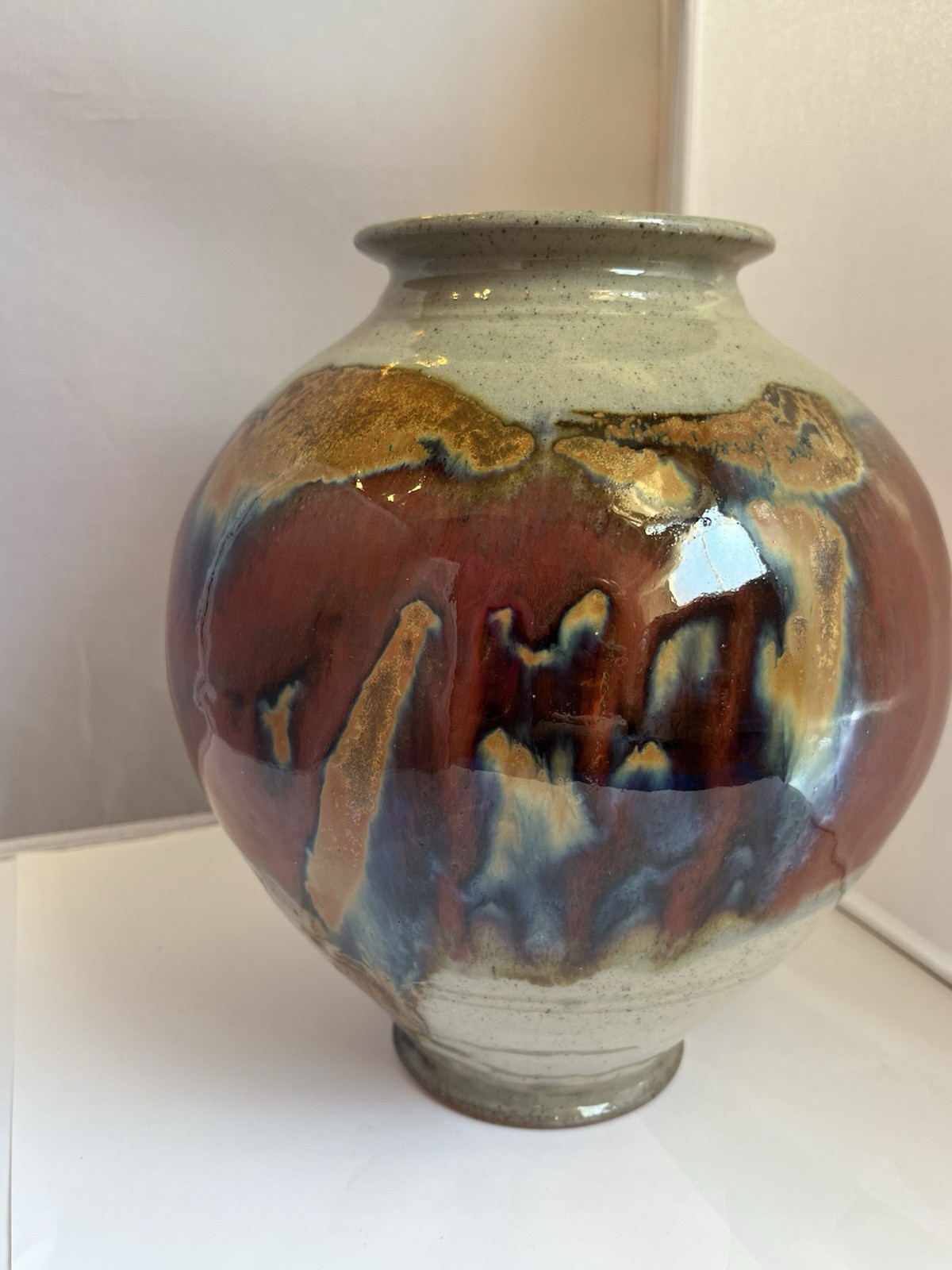 Vintage Signed Art Pottery Ceramic Vase 10 in Brown Beige Blue Drip Glaze
